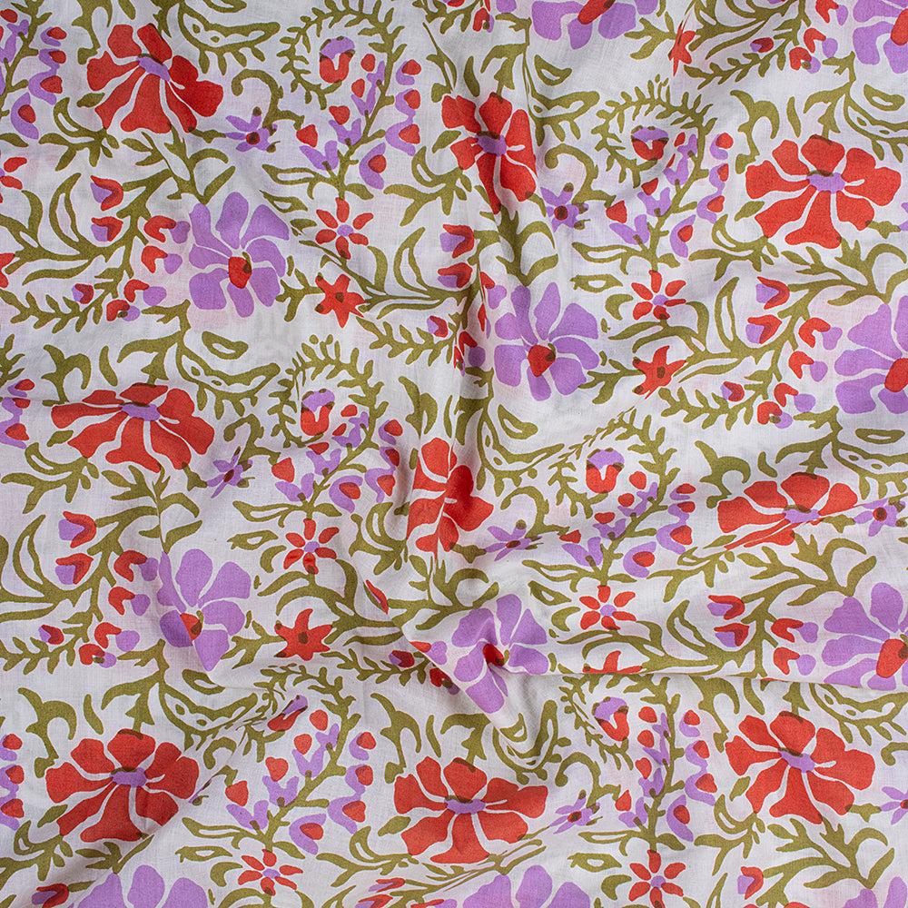 Multicolor Floral Hand Block Printed Organic Cotton Fabric