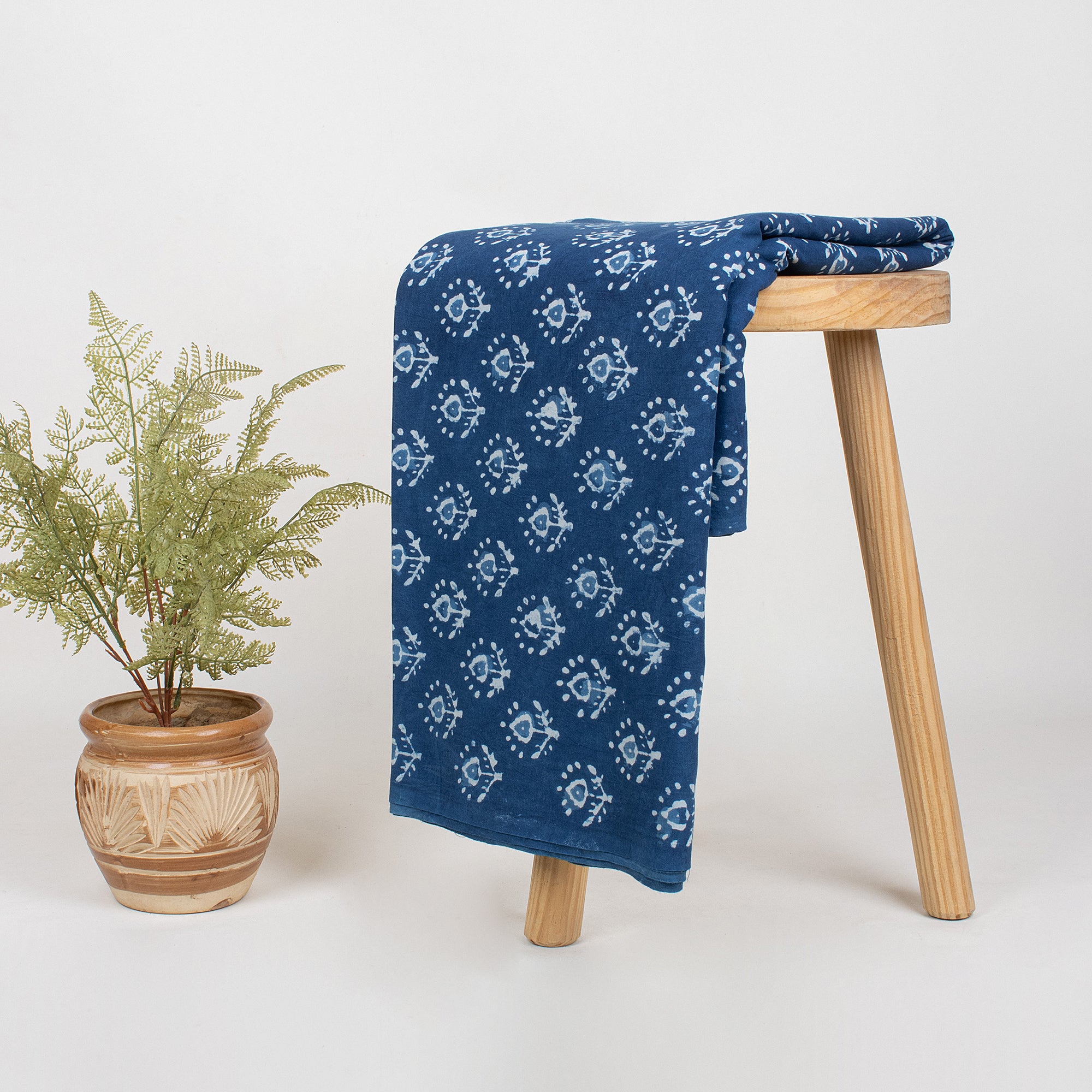 Natural Indigo Dye Booti Floral Print Pure Cotton Fabric