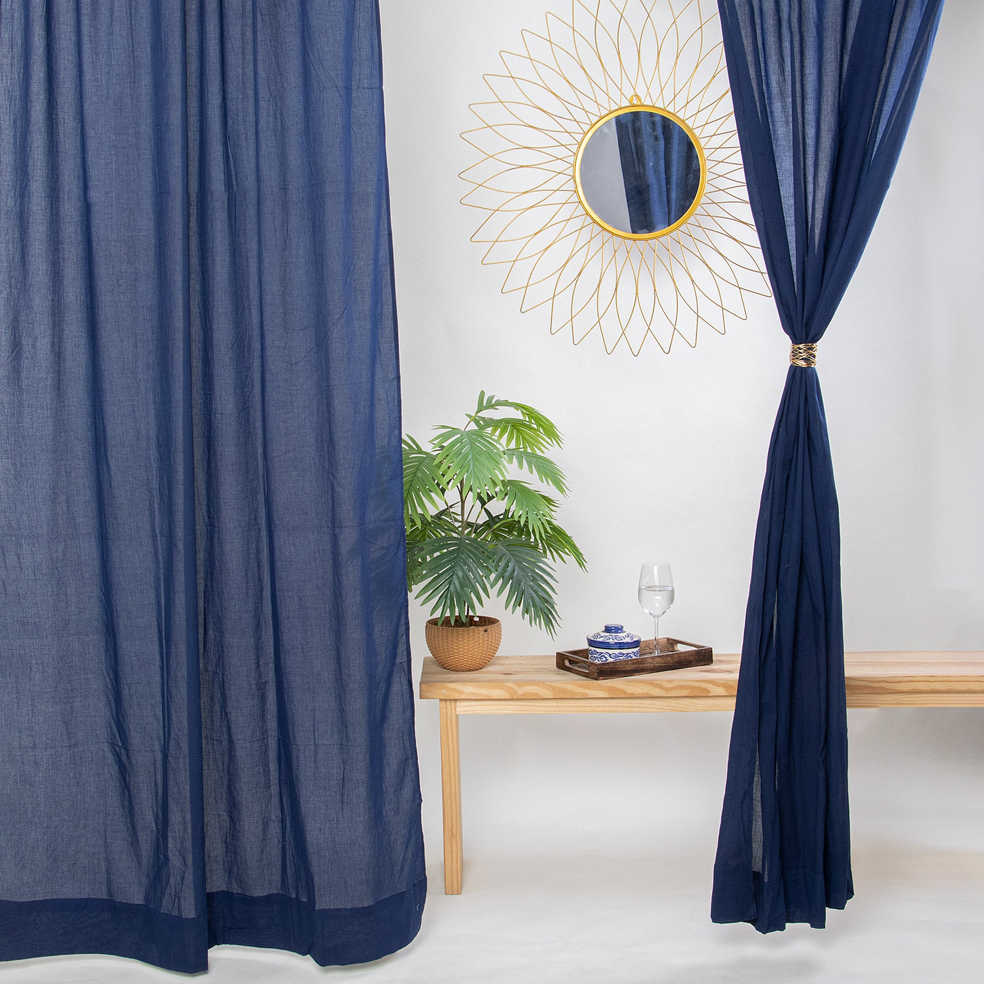 Navy Blue Pure Solid Cotton Curtains Hand Dyed