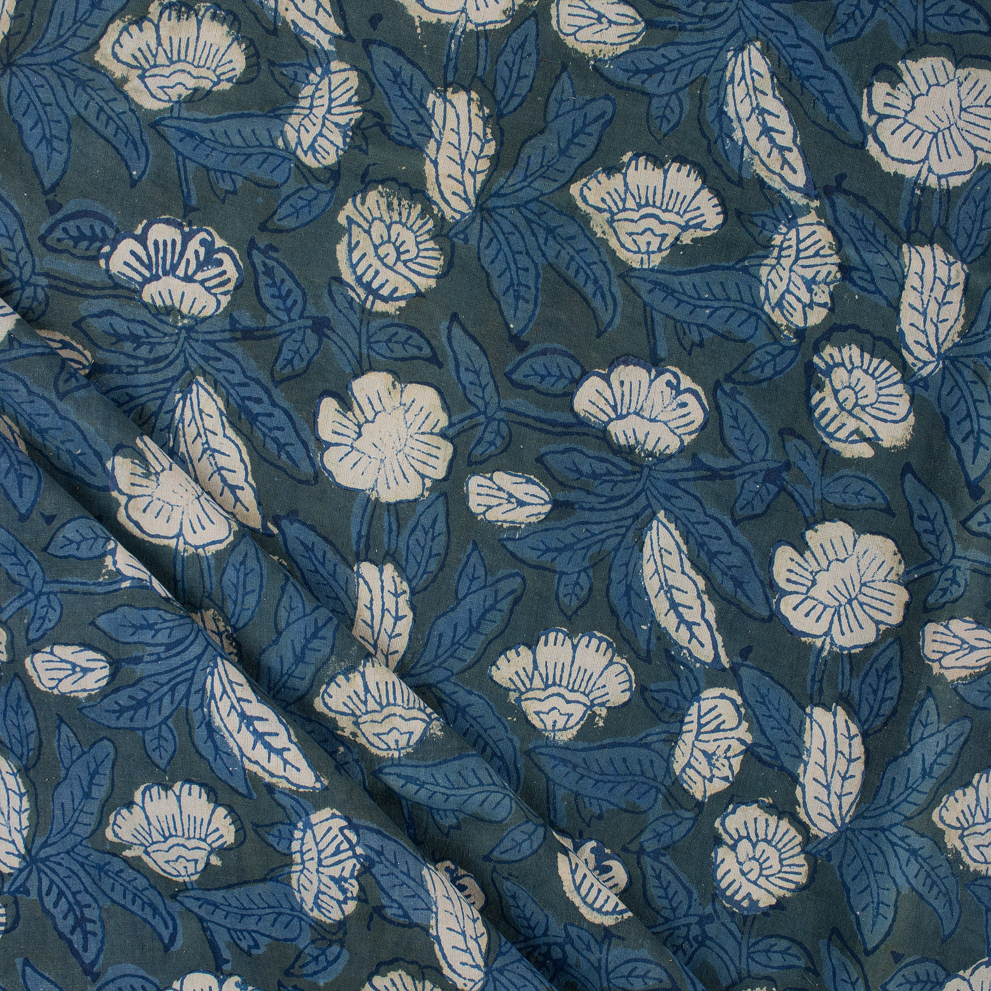 Indigo Blue Floral Printed Organic Cotton Fabric