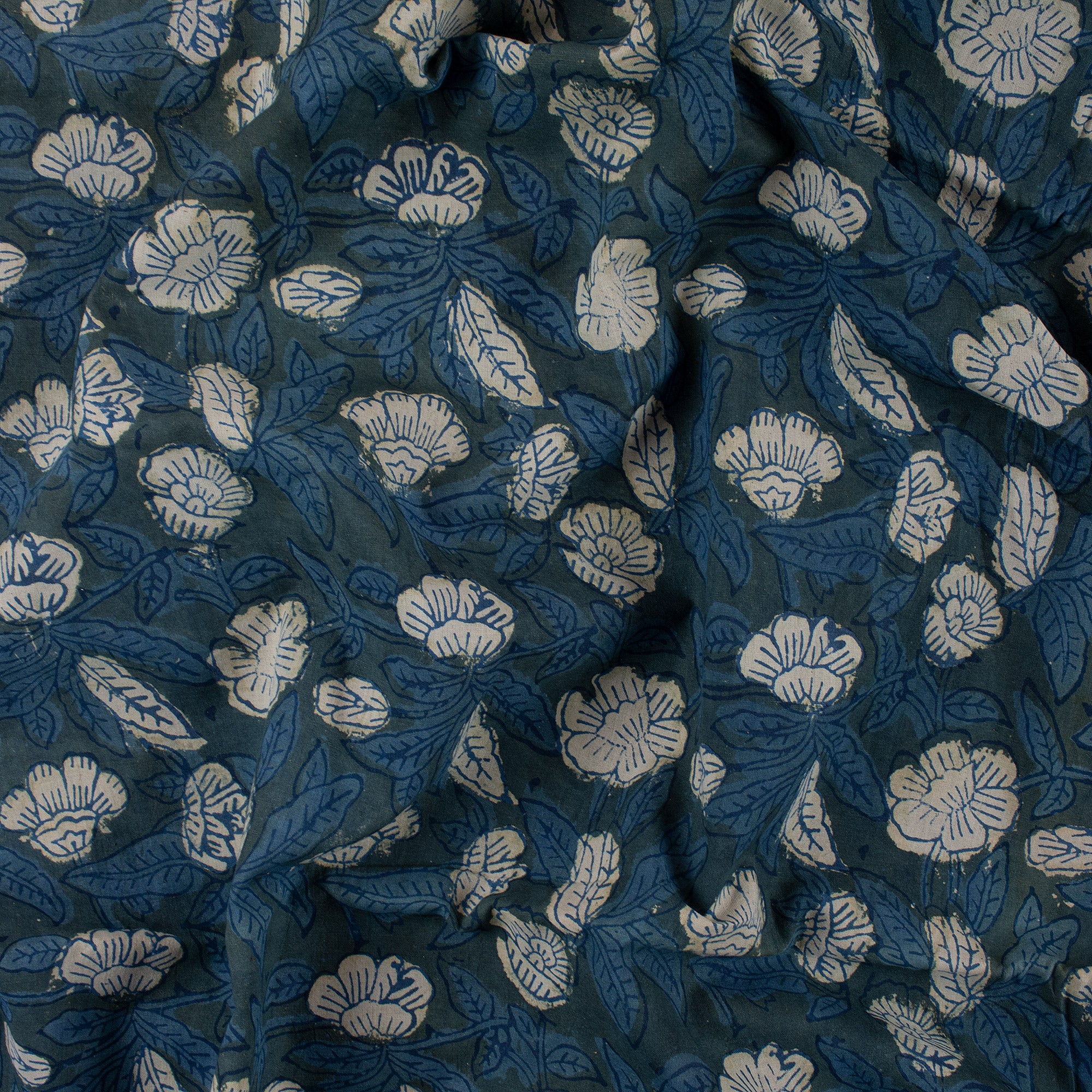 Indigo Blue Floral Printed Organic Cotton Fabric