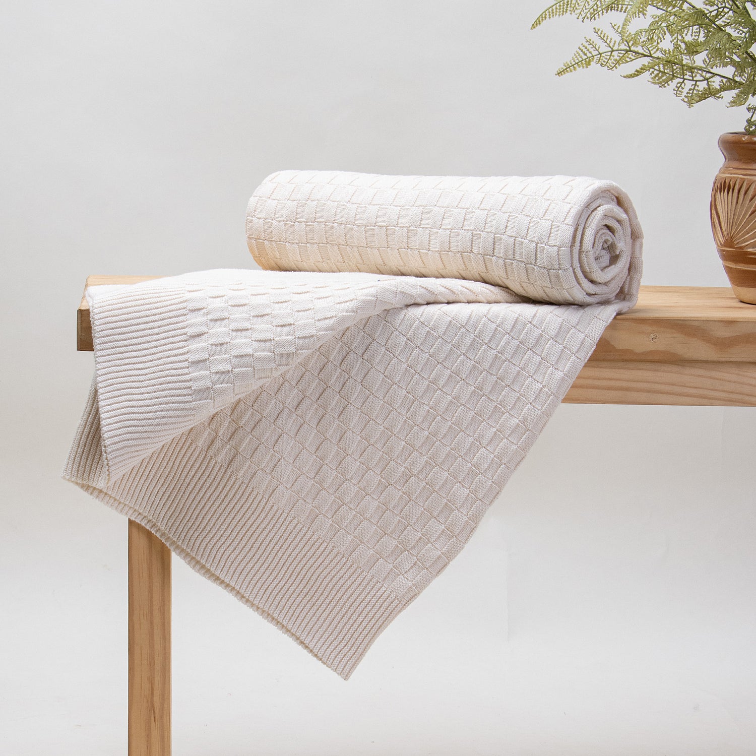 Off White Cotton Knitted Throw Blanket for Sofa