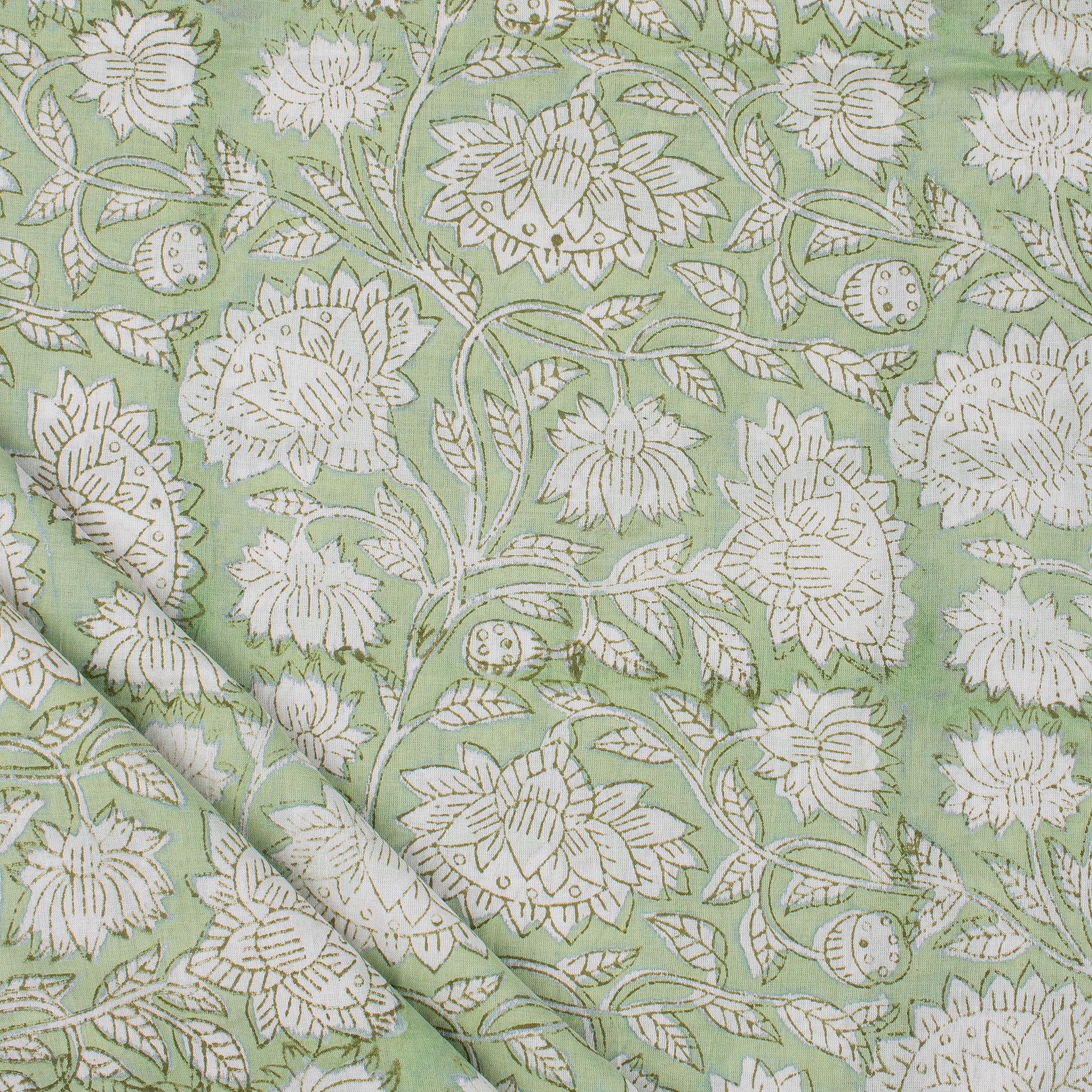 Olive Green Floral Block Printed Indian Fabric Online