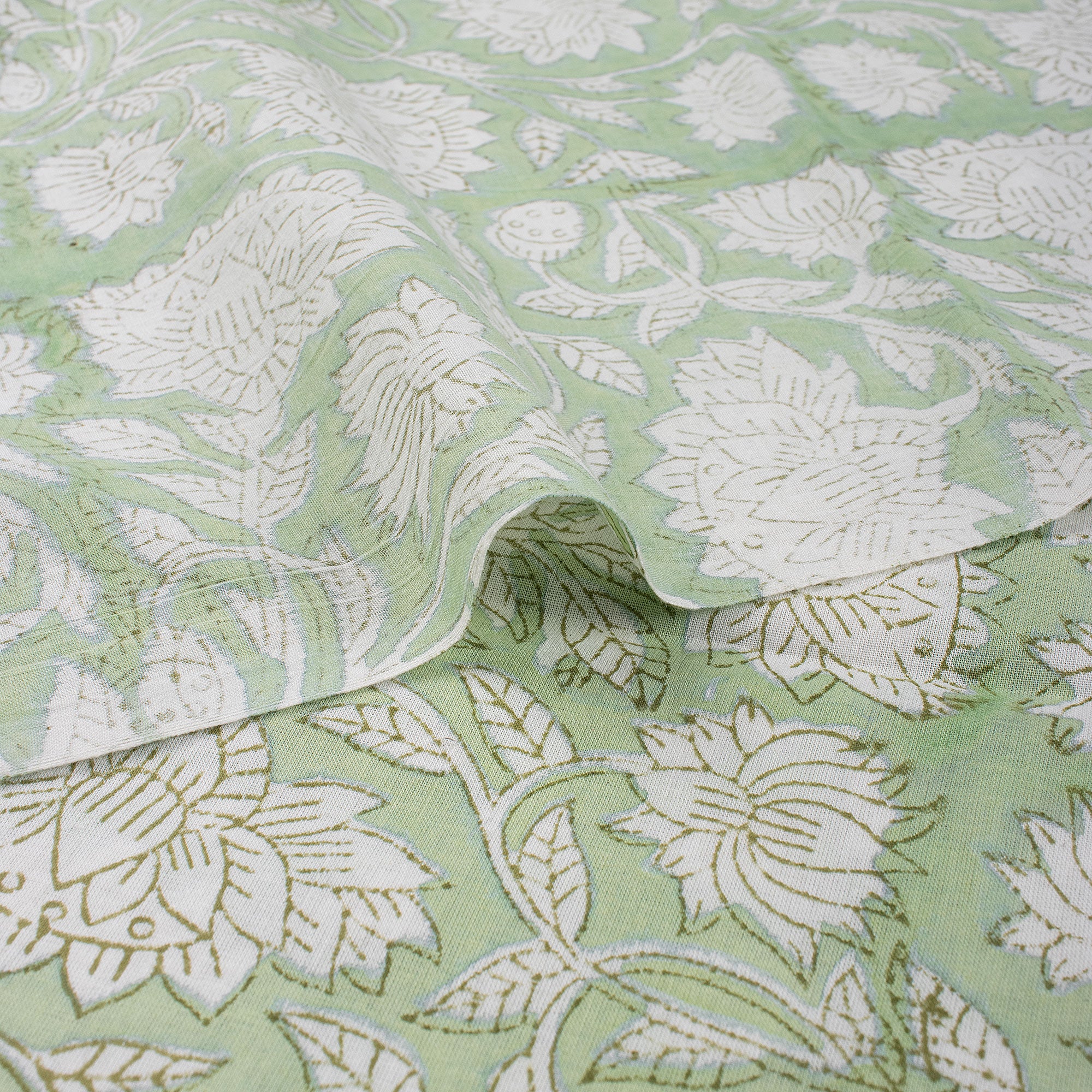 Olive Green Floral Block Printed Indian Fabric Online
