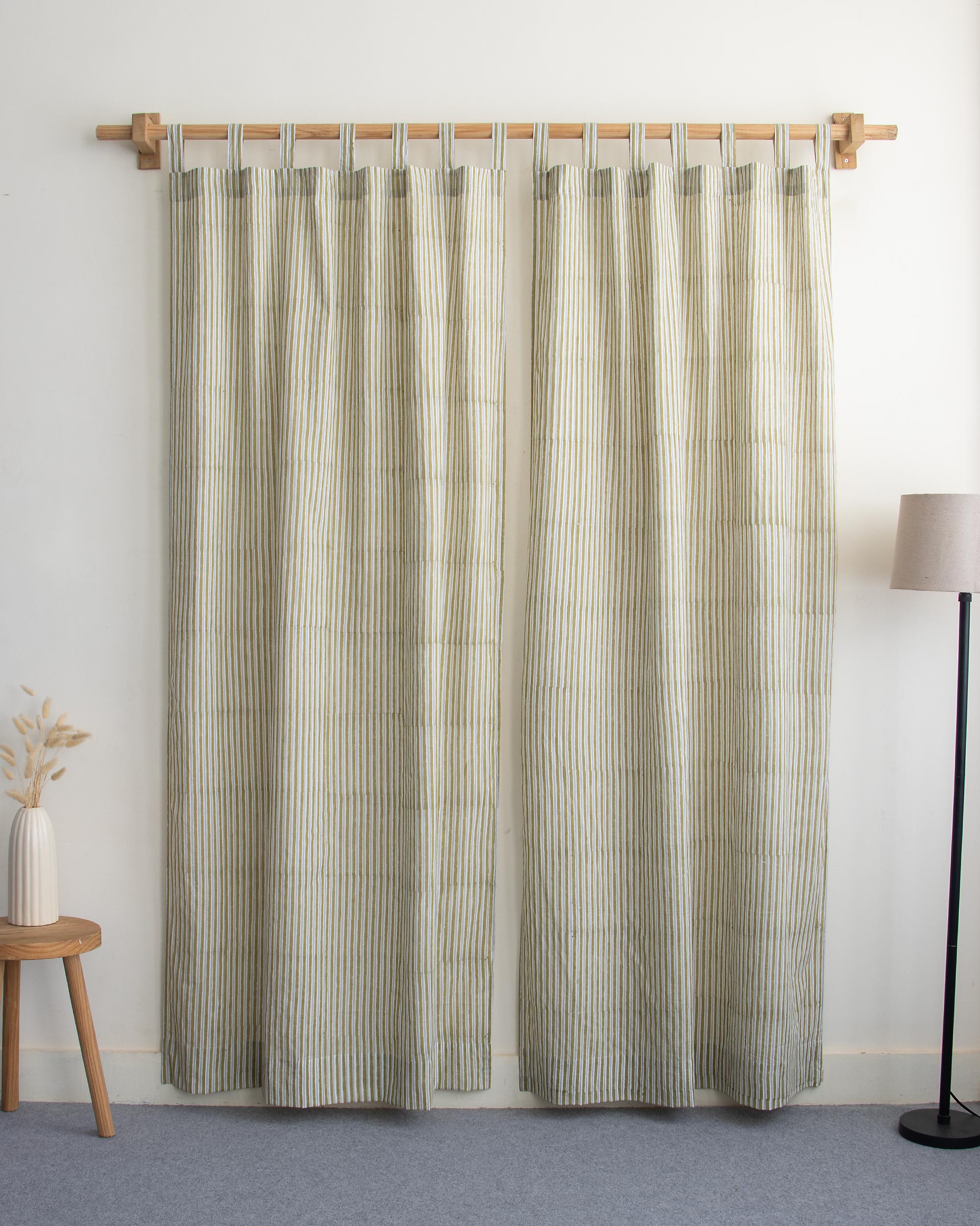 Olive Green Stirped Hand Block Print Curtains In India