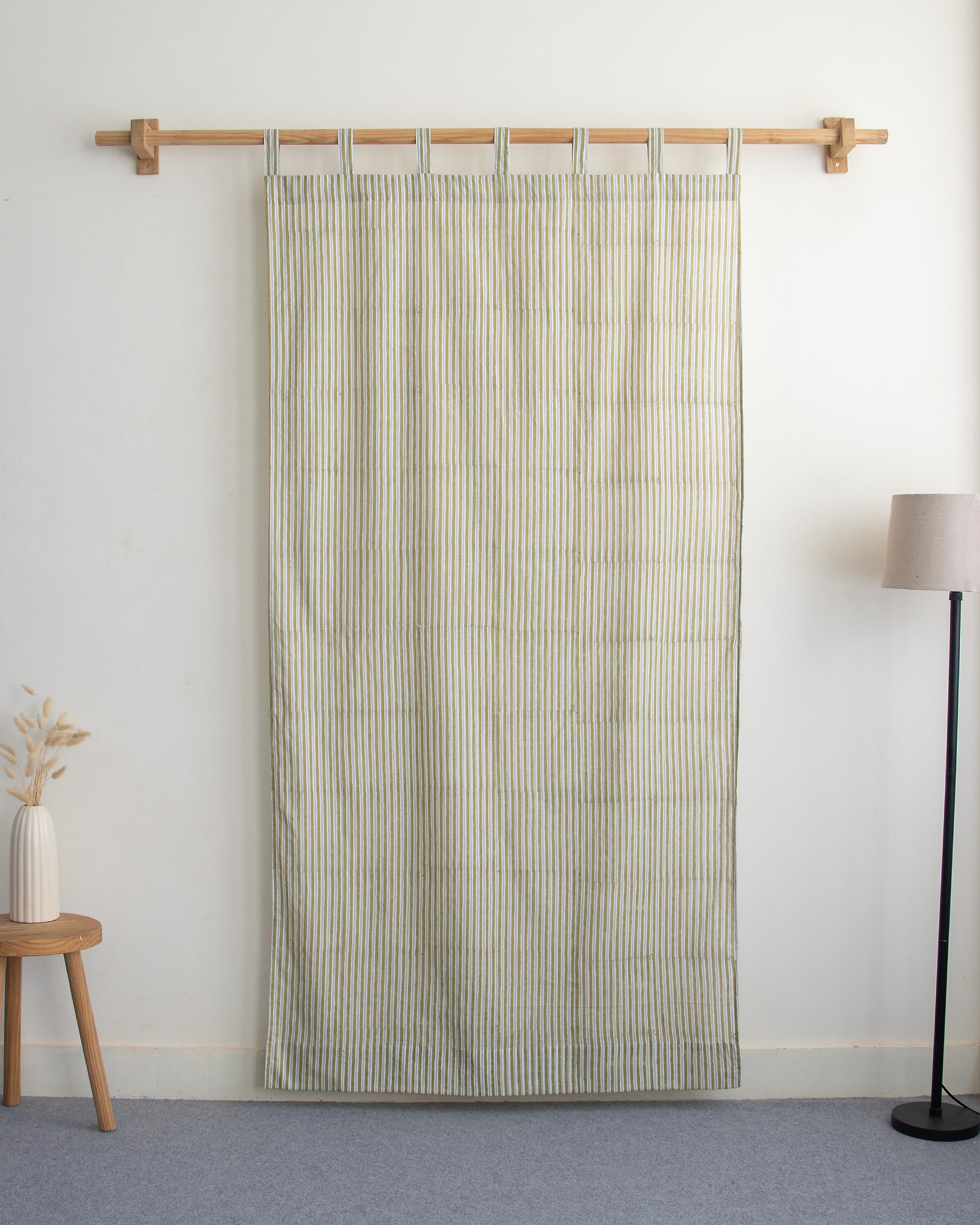 Olive Green Stirped Hand Block Print Curtains In India