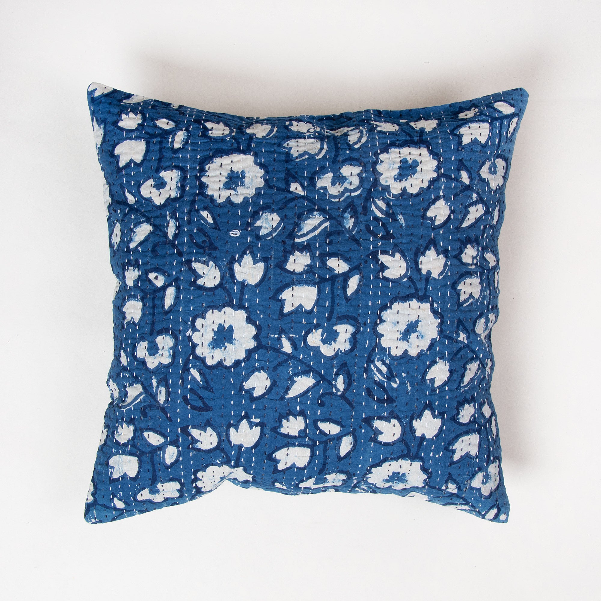 Online Modern Blue Floral Cotton Kantha Indigo Cushion Cover