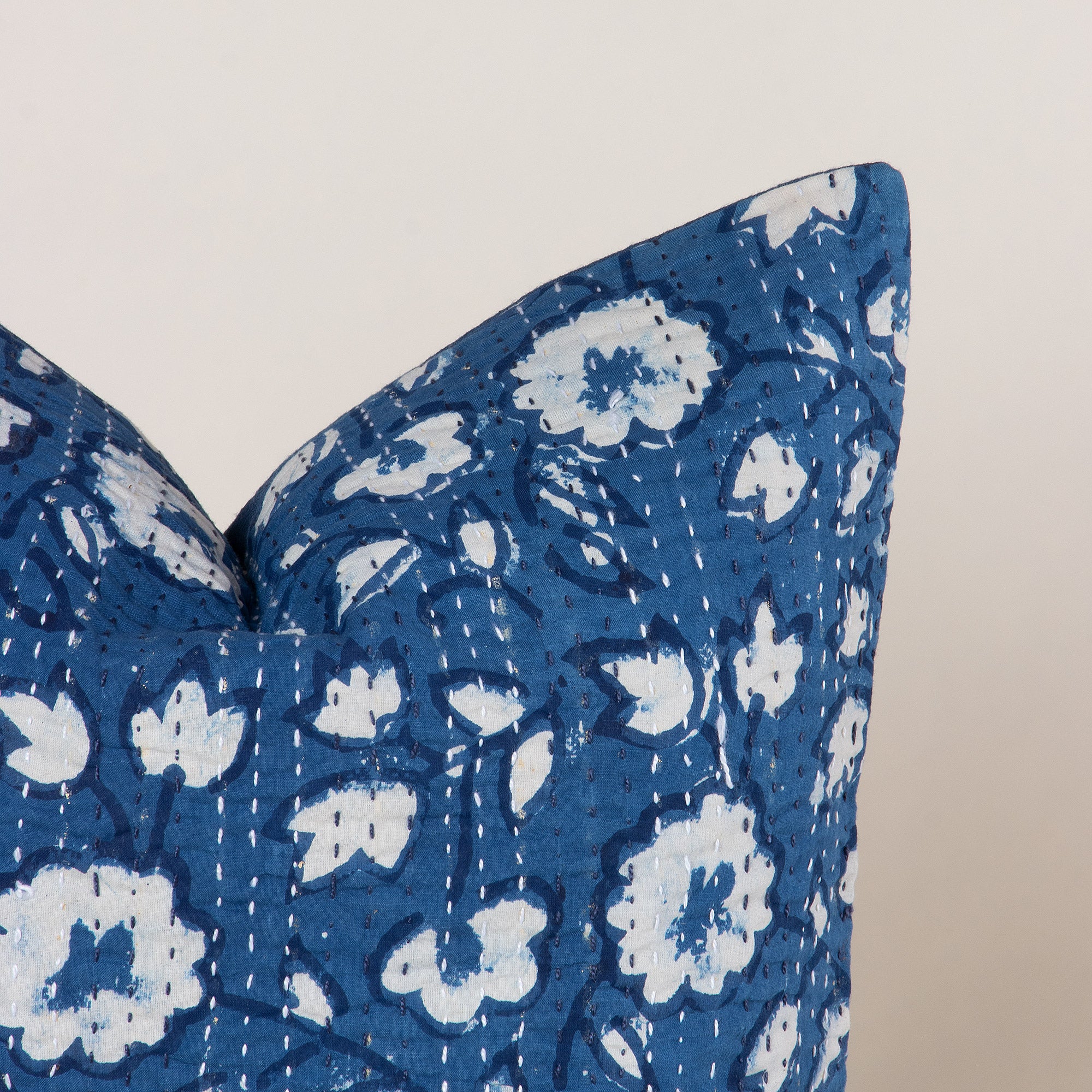 Online Modern Blue Floral Cotton Kantha Indigo Cushion Cover