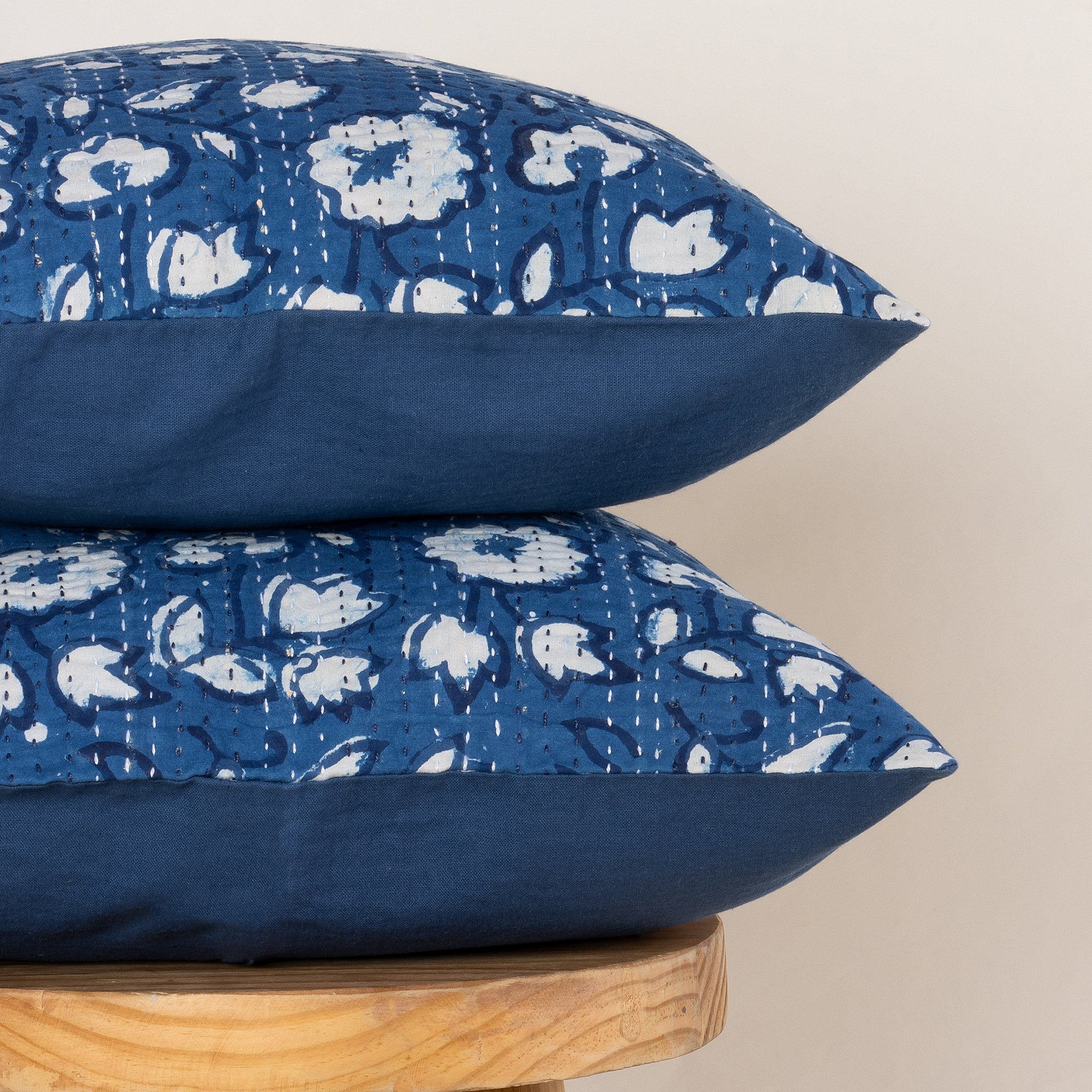 Online Modern Blue Floral Cotton Kantha Indigo Cushion Cover