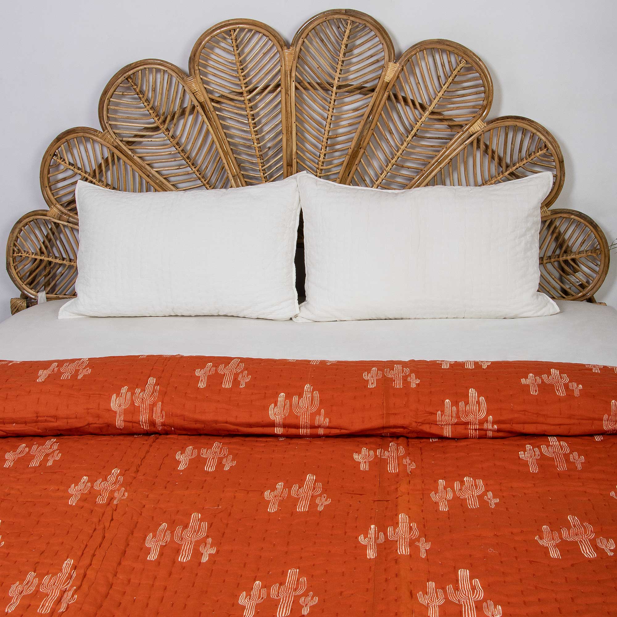 Orange Cactus Hand Block Print Kantha Quilt Blanket