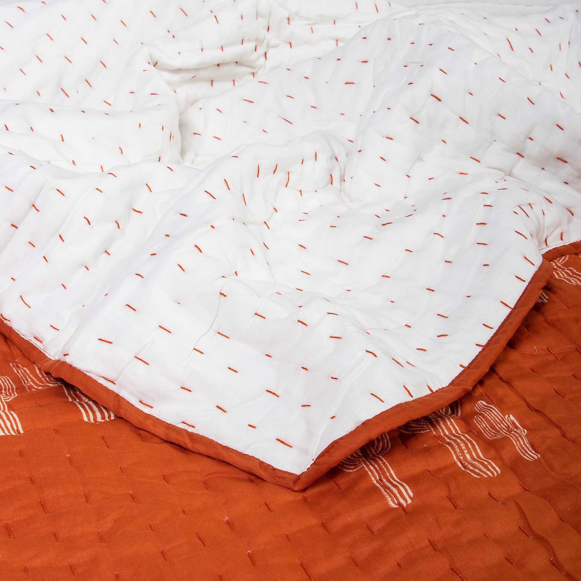 Orange Cactus Hand Block Print Kantha Quilt Blanket