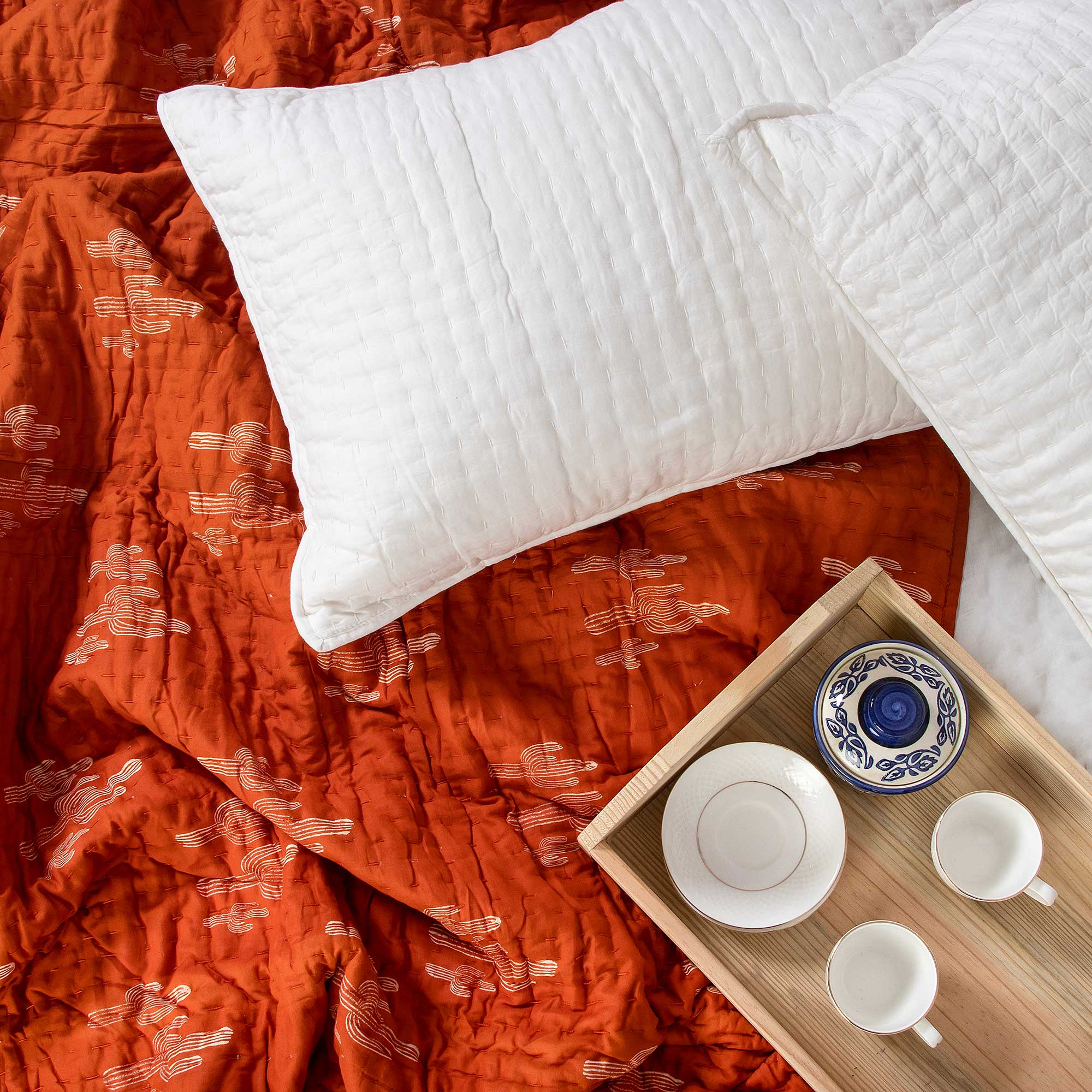Orange Cactus Hand Block Print Kantha Quilt Blanket