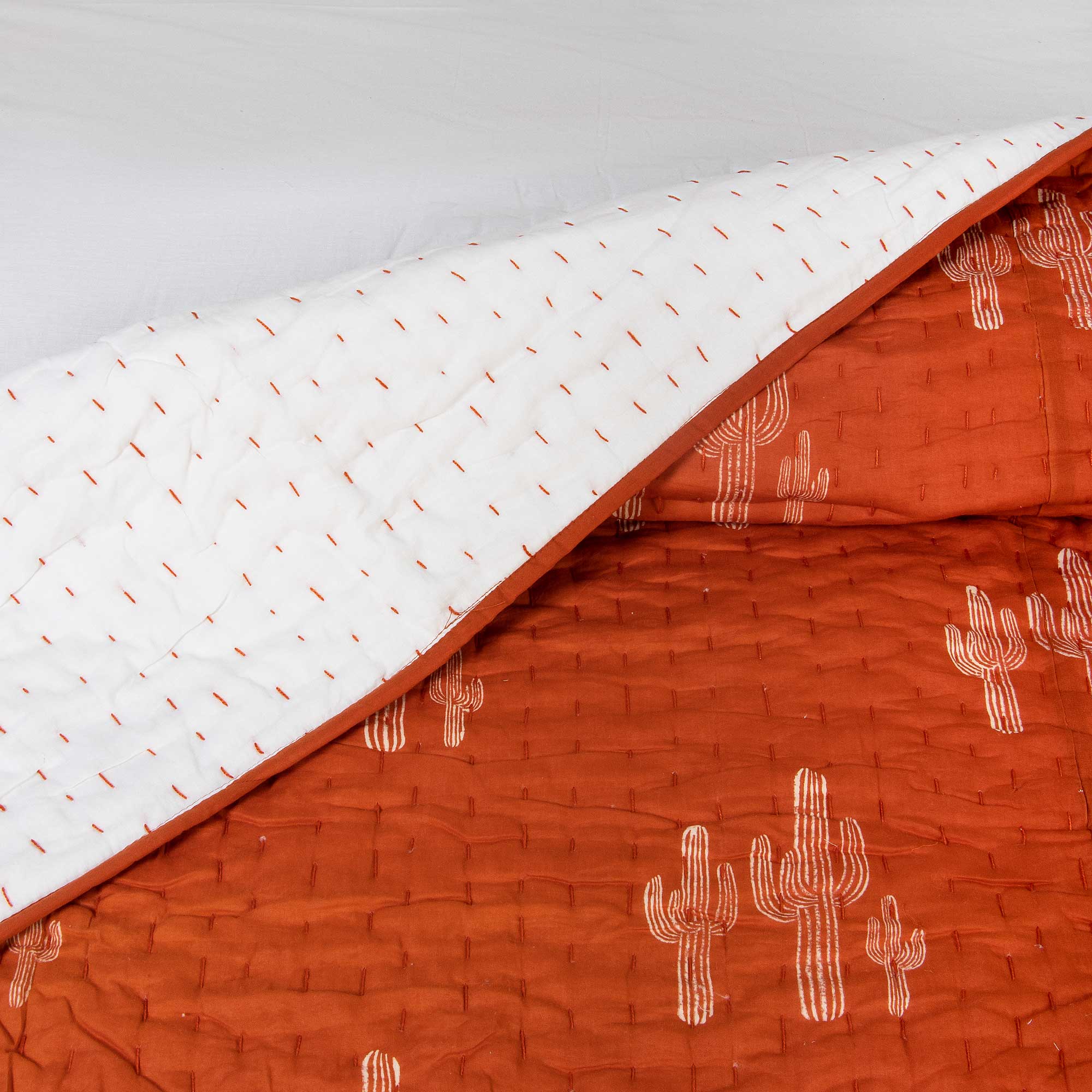 Orange Cactus Hand Block Print Kantha Quilt Blanket