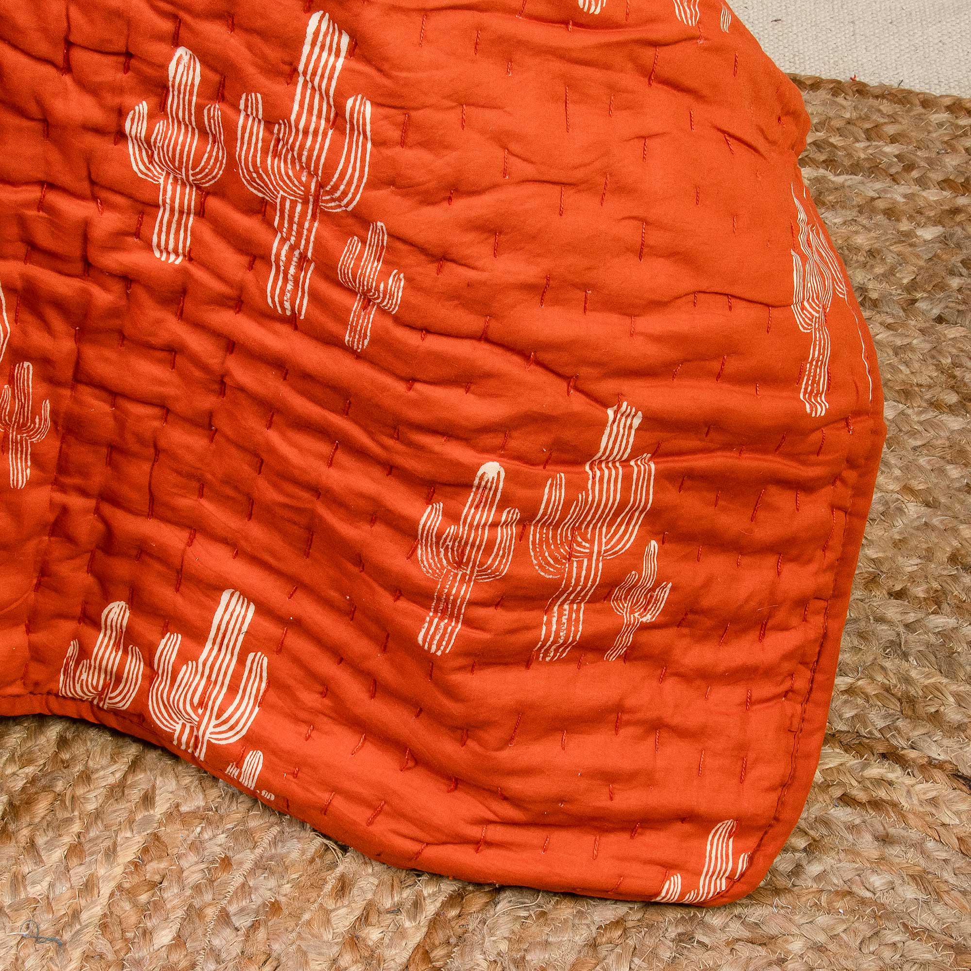 Orange Cactus Hand Block Print Kantha Quilt Blanket