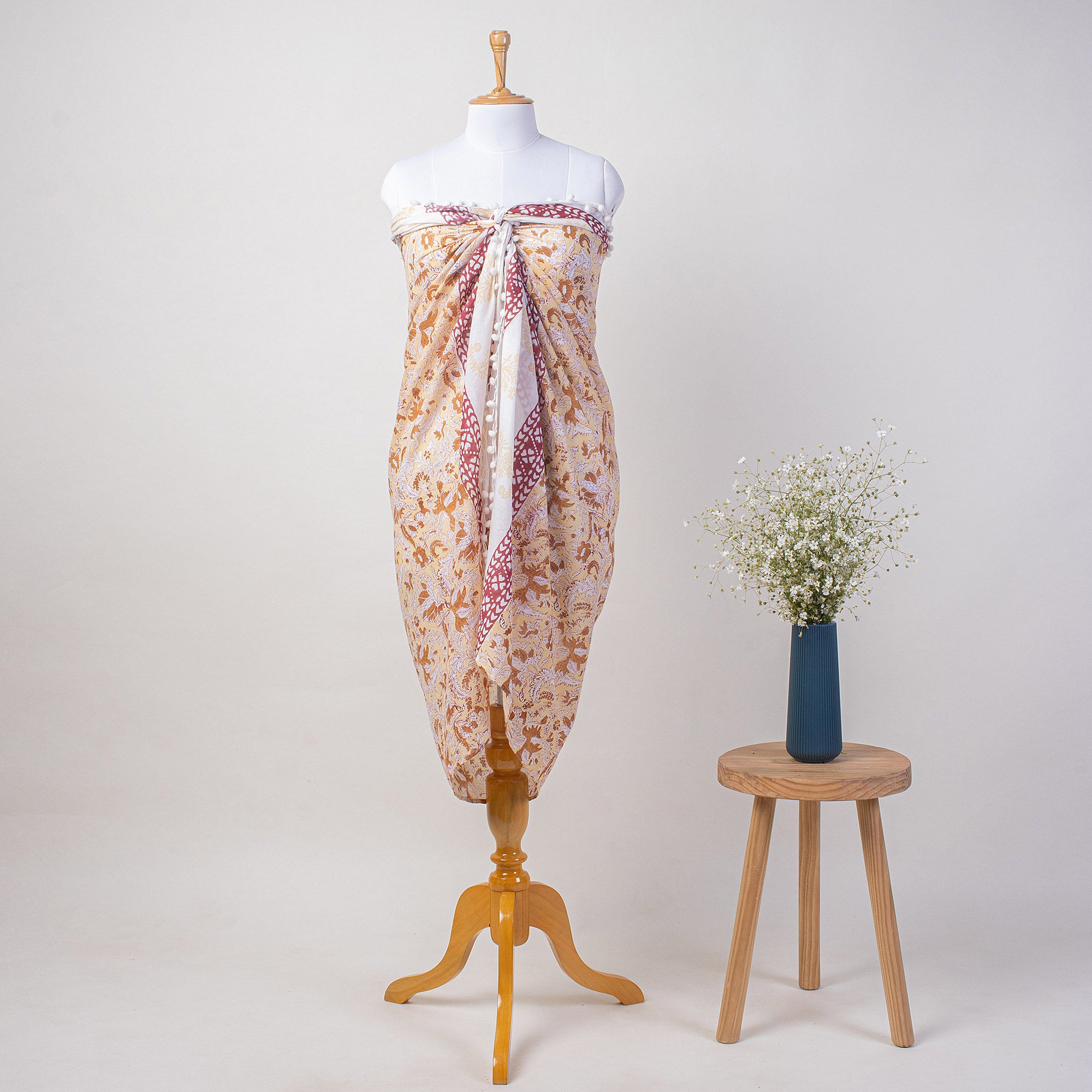 Orange Floral Hand Block Print Beach Sarong Wrap For Women