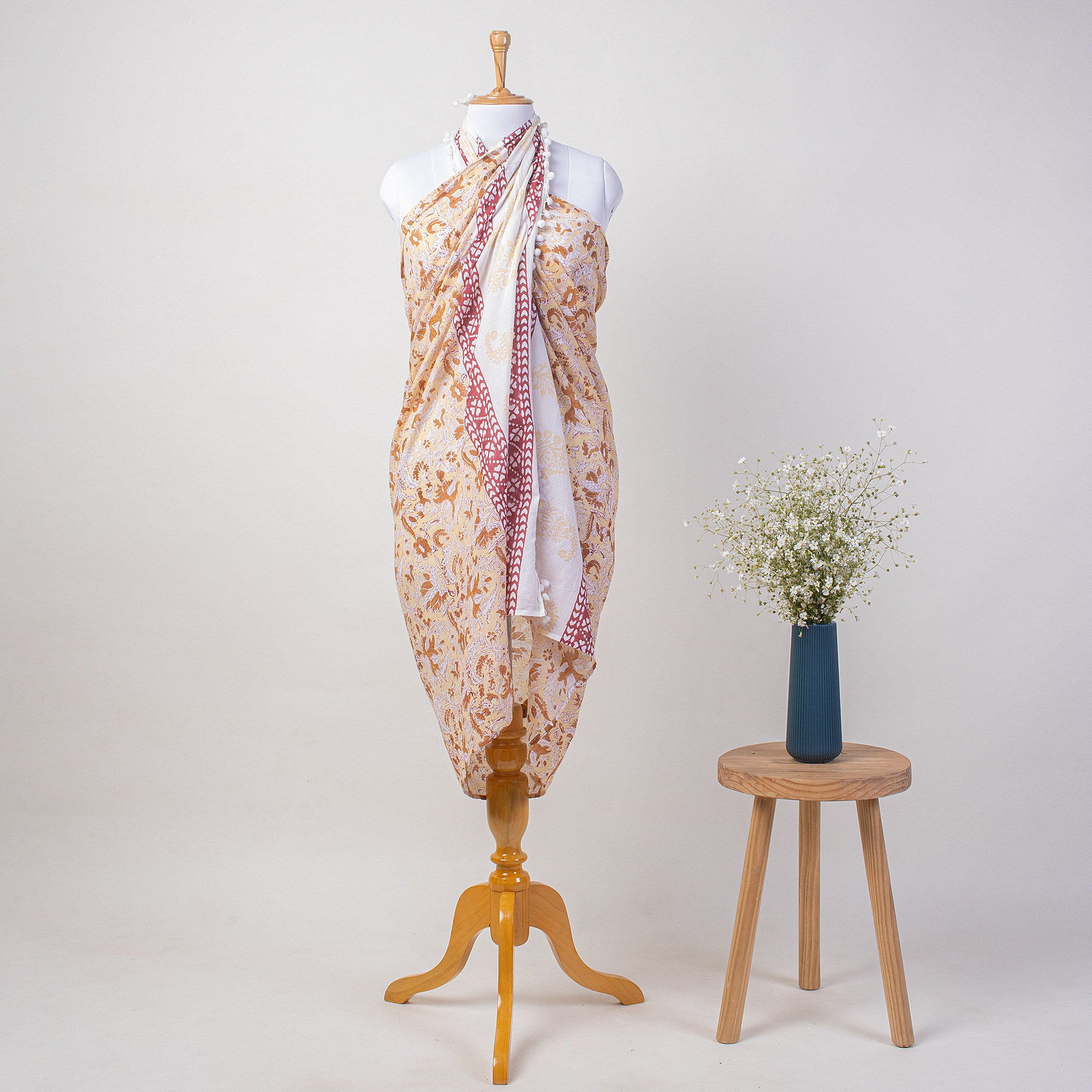 Orange Floral Hand Block Print Beach Sarong Wrap For Women