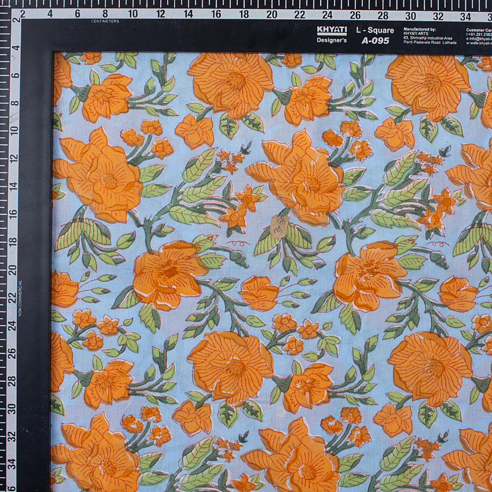 Orange Floral Hand Block Printed Cotton Fabric