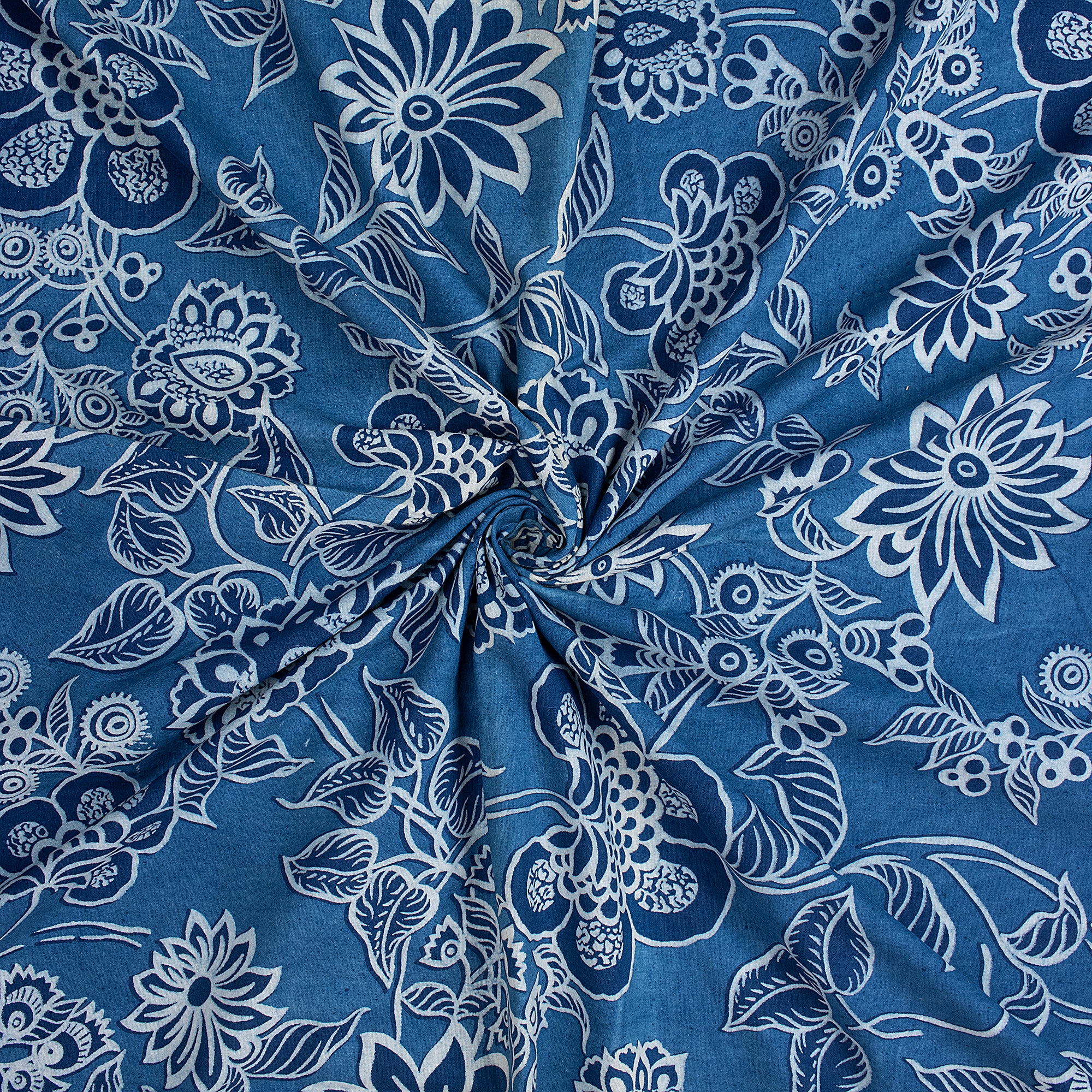 Organic Cotton Fabric Beautiful Indigo Blue Floral Printed Cloth