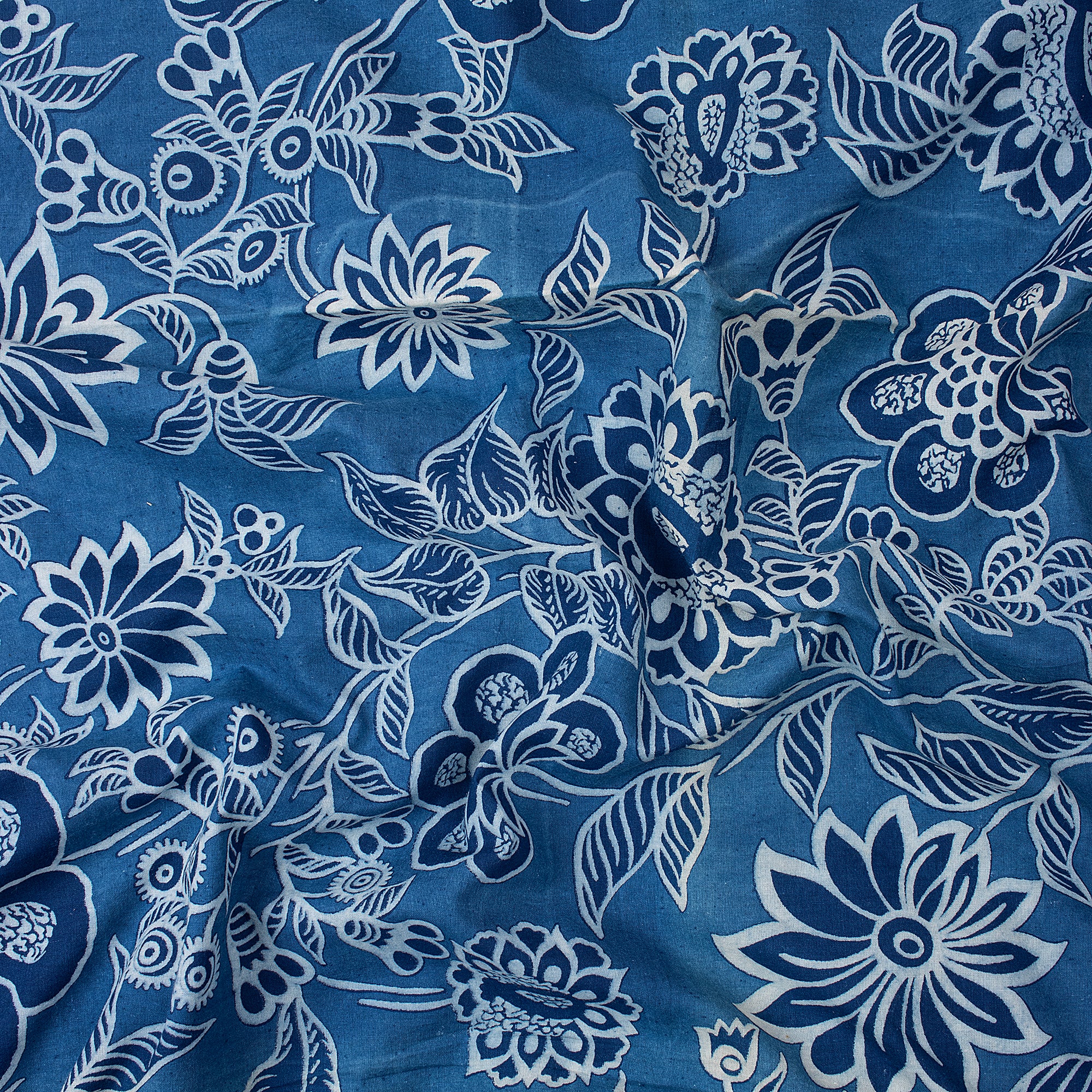 Organic Cotton Fabric Beautiful Indigo Blue Floral Printed Cloth