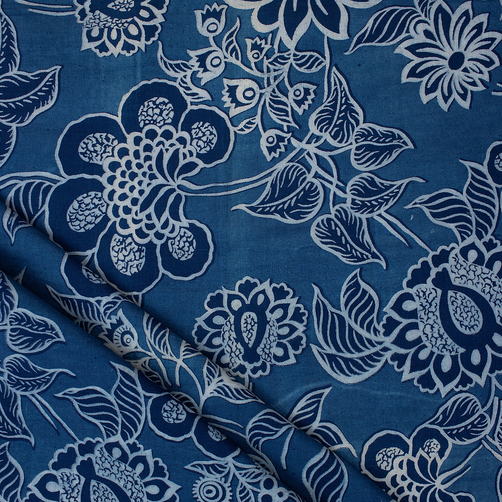 Organic Cotton Fabric Beautiful Indigo Blue Floral Printed Cloth