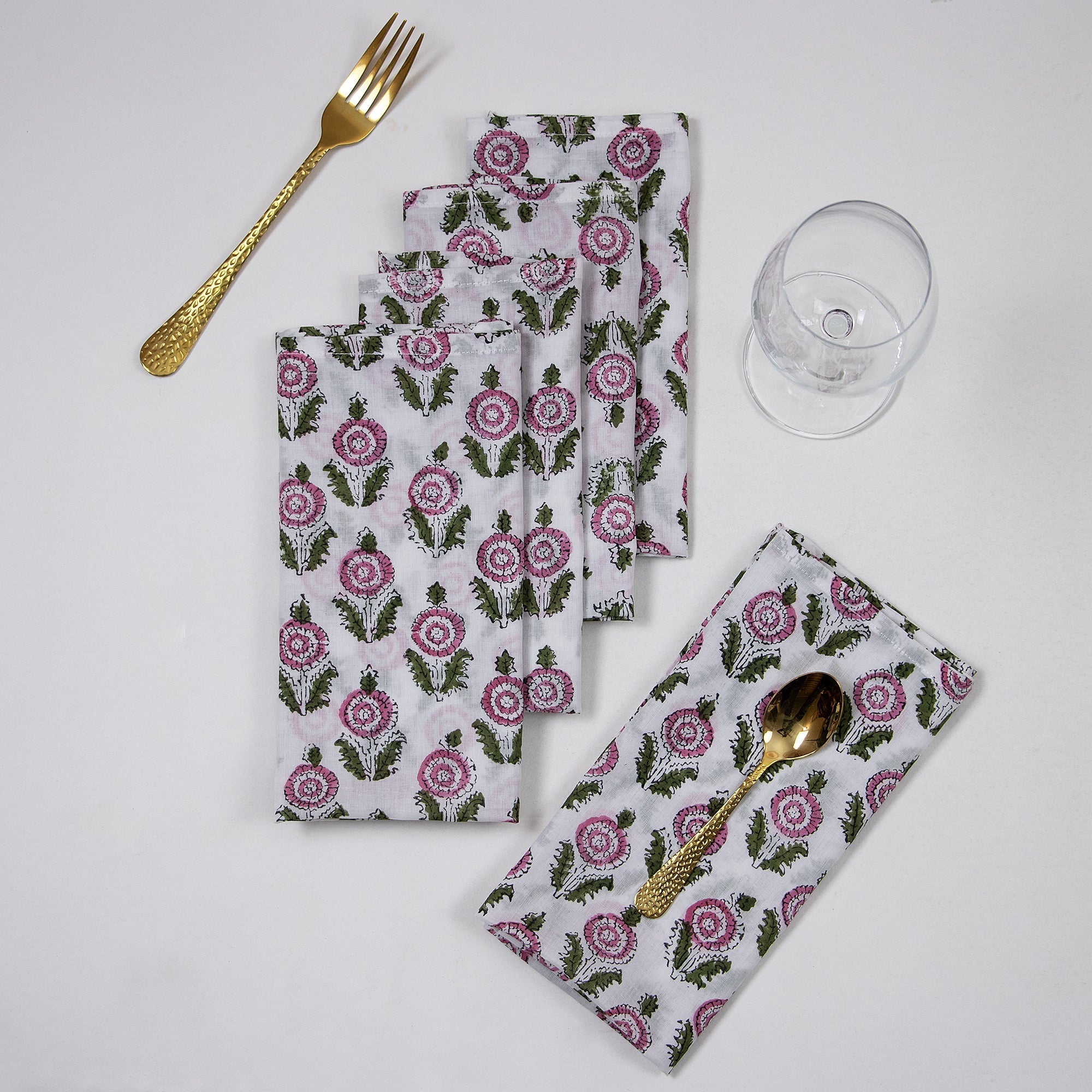 Organic Cotton Pink Floral Hand Block Printed Reusable Napkins