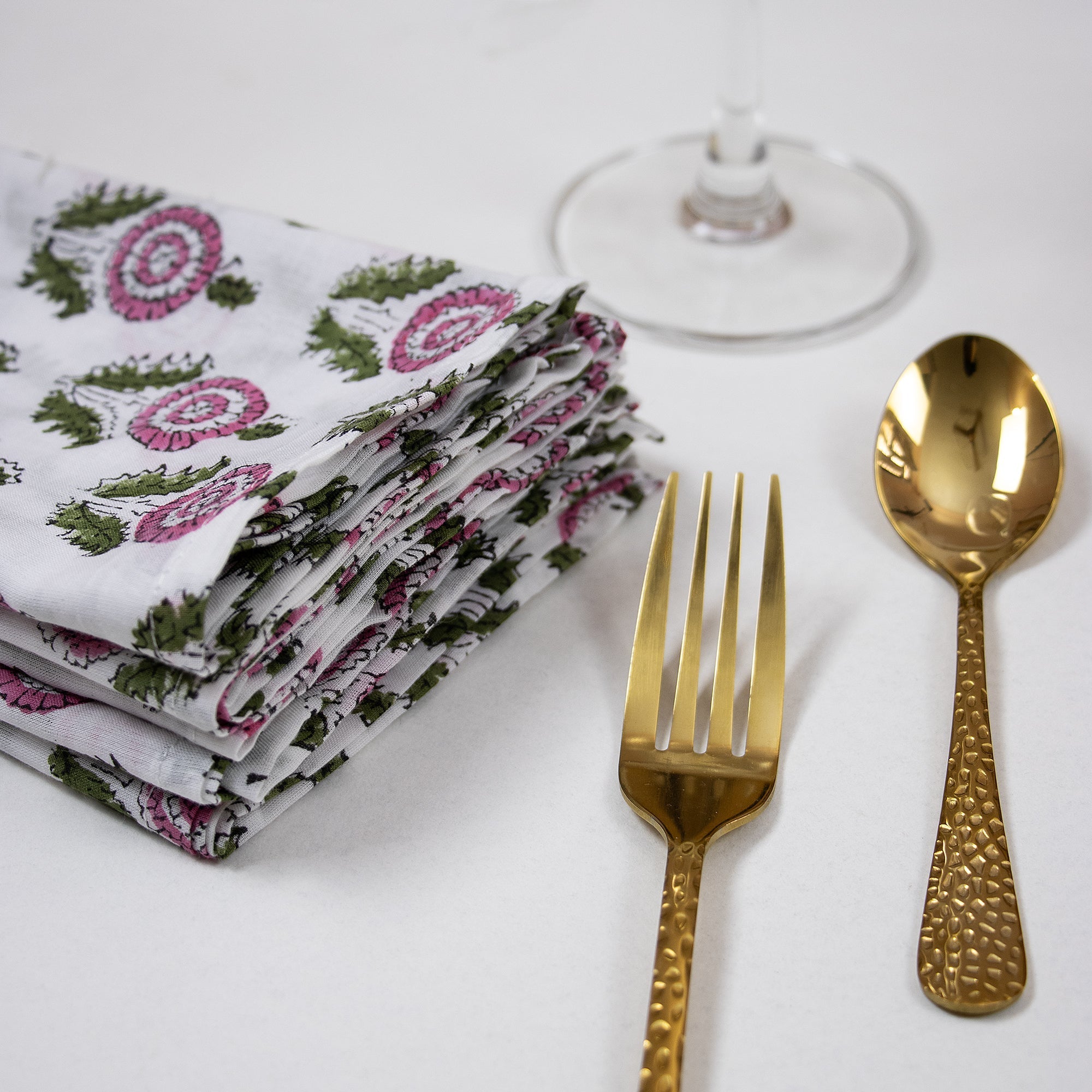 Organic Cotton Pink Floral Hand Block Printed Reusable Napkins