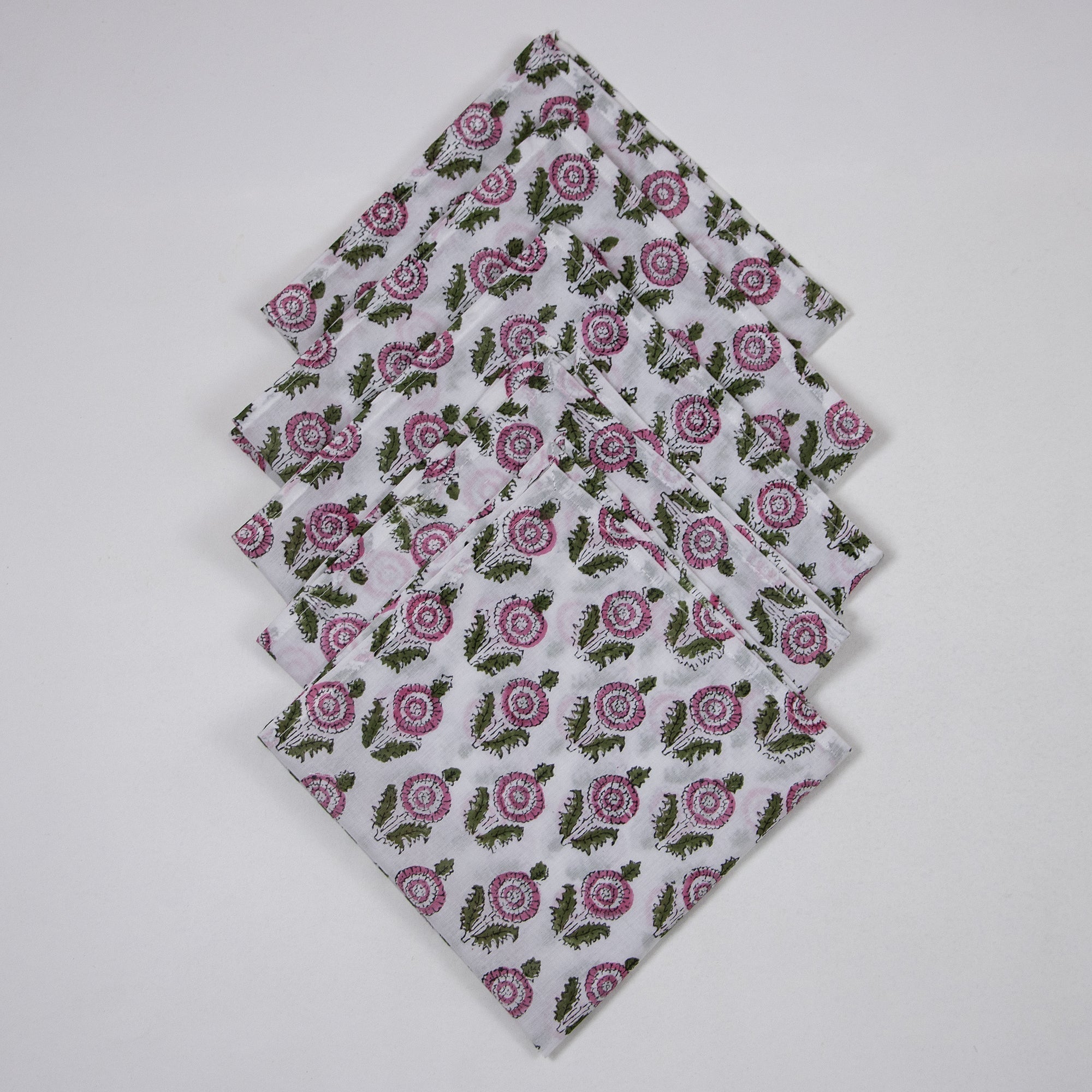 Organic Cotton Pink Floral Hand Block Printed Reusable Napkins