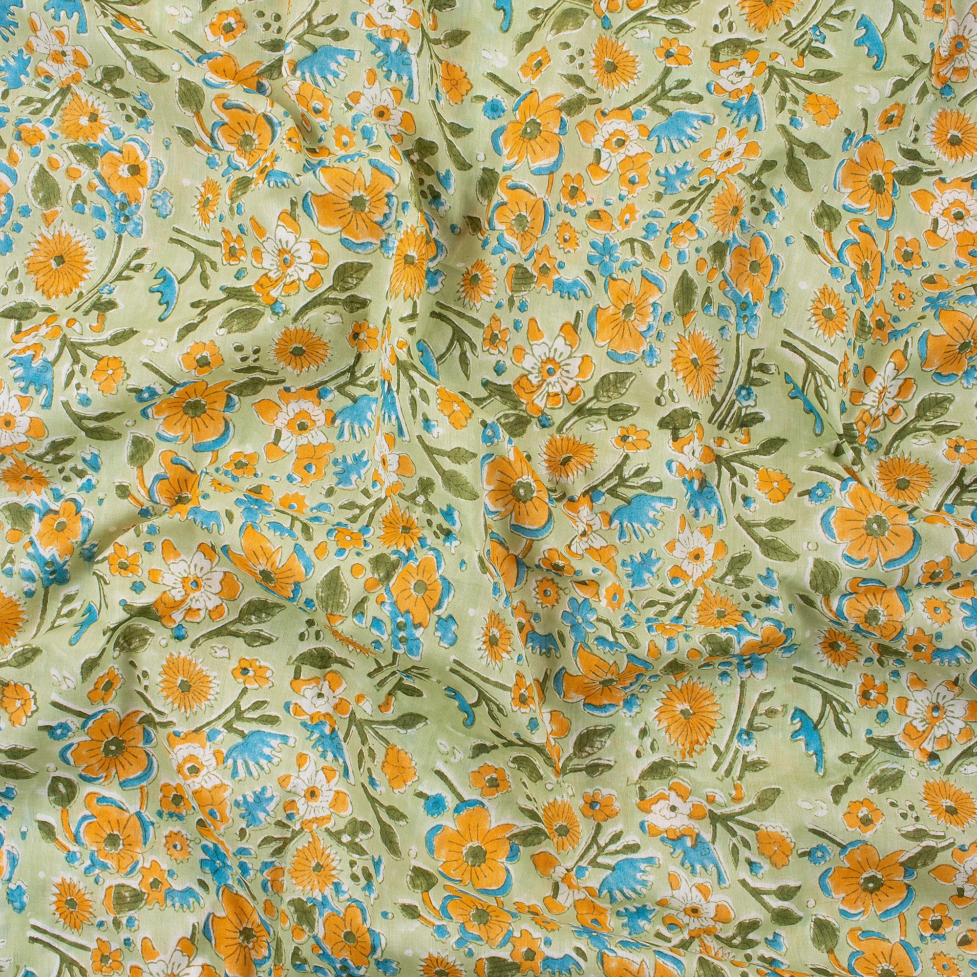 Organic Multi Floral Hand Block Printed Fabric By The Yard