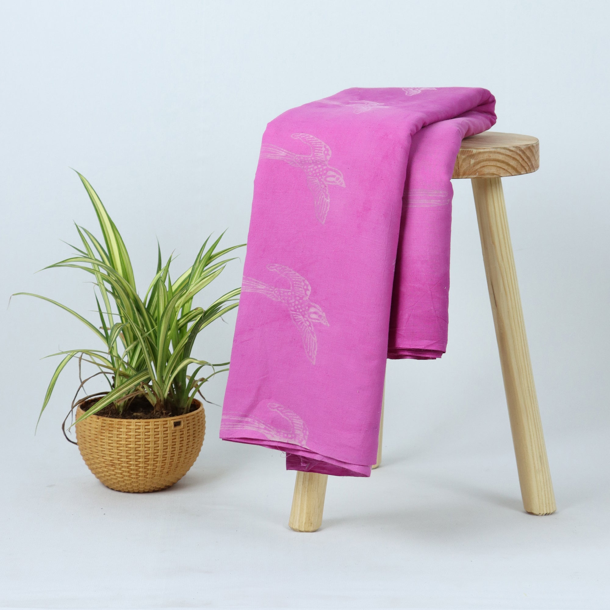 Pink Bird Hand Block Print Dabu Fabric