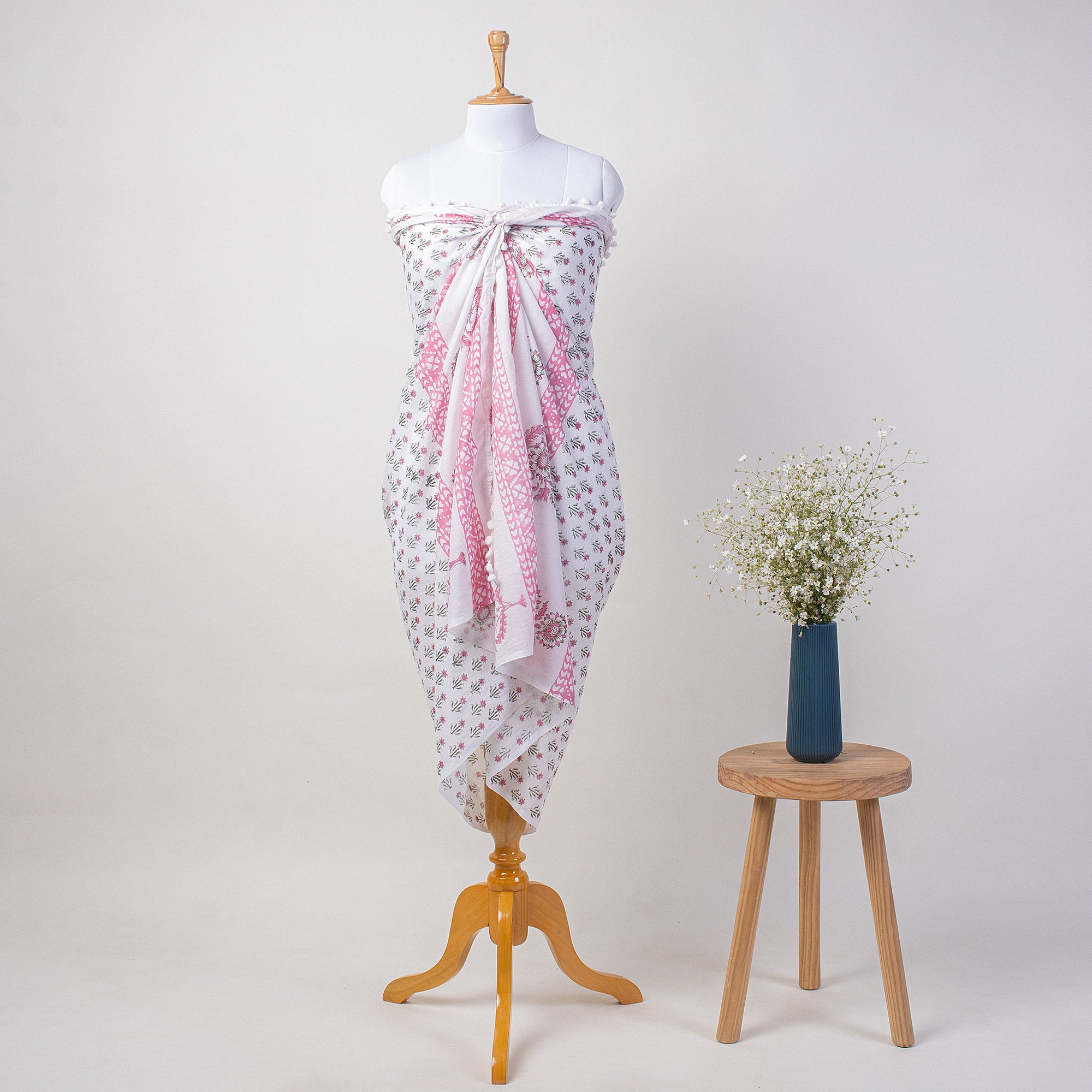 Pink Booti Hand Block Print Beach Sarong Wrap For Women