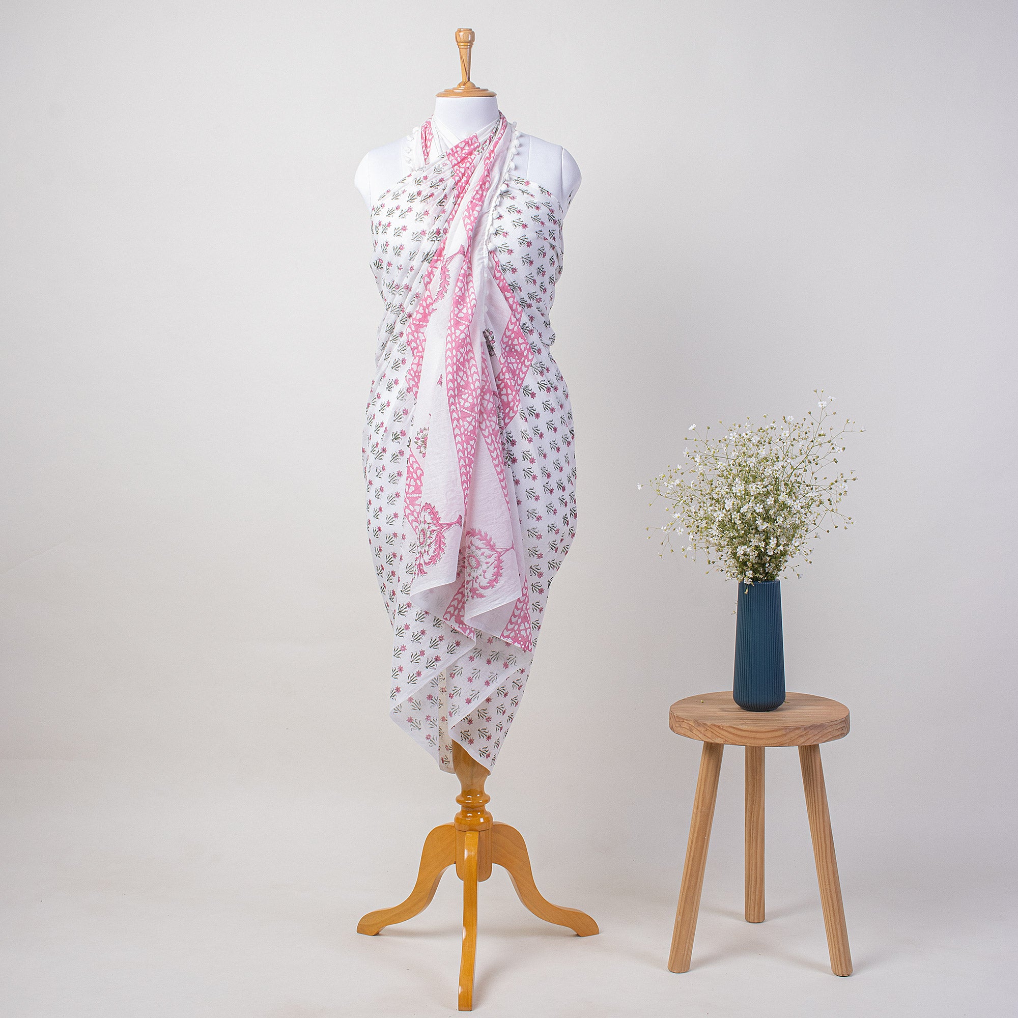 Pink Booti Hand Block Print Beach Sarong Wrap For Women