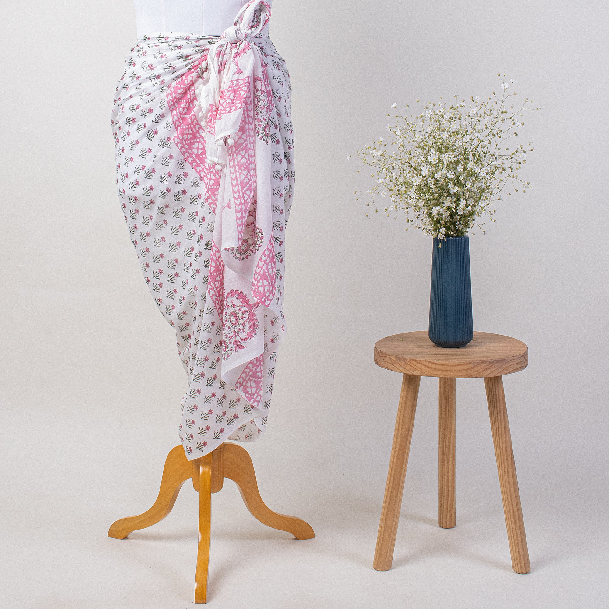 Pink Booti Hand Block Print Beach Sarong Wrap For Women