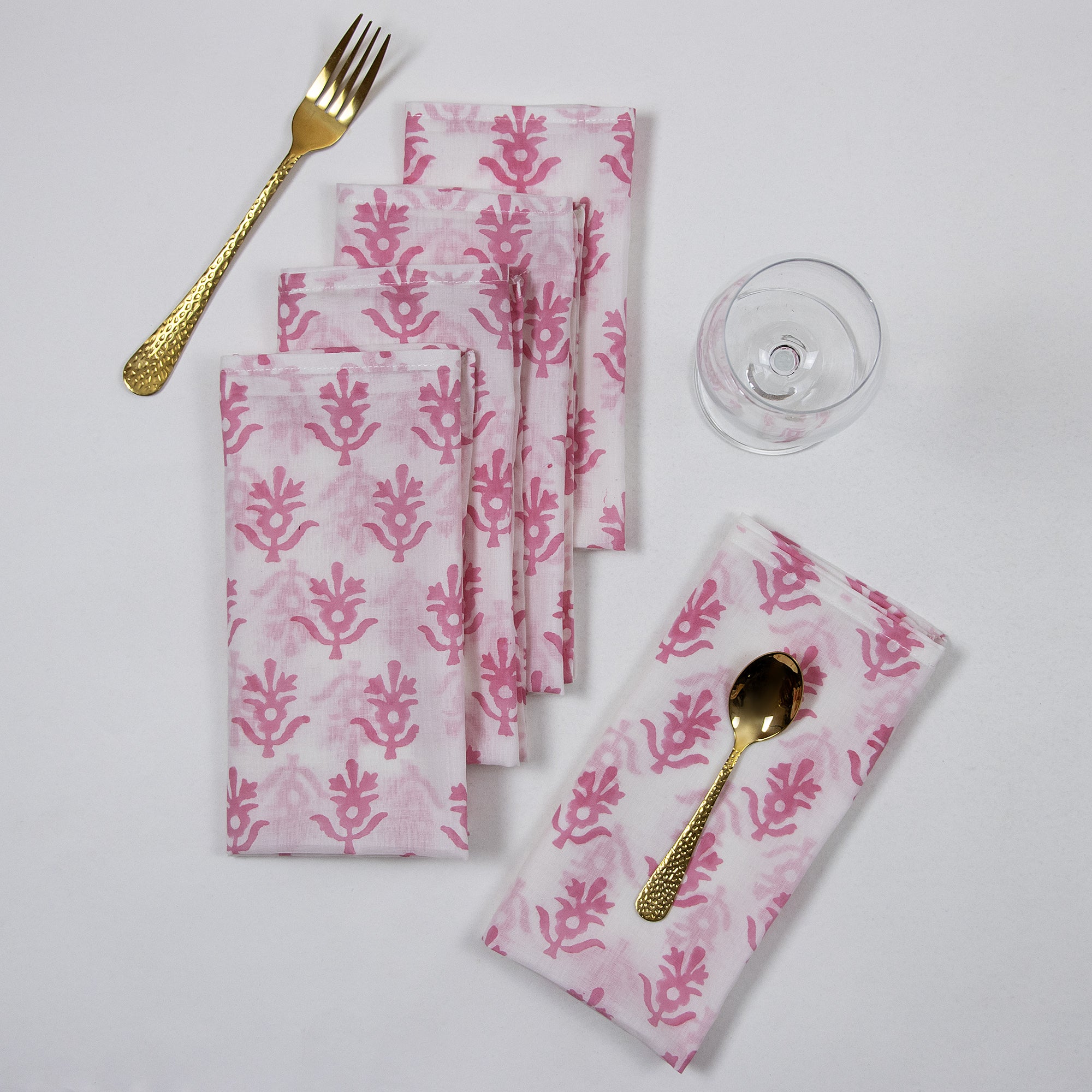 Pink Booti Indian Hand Block Printed Cotton Dinner Napkins