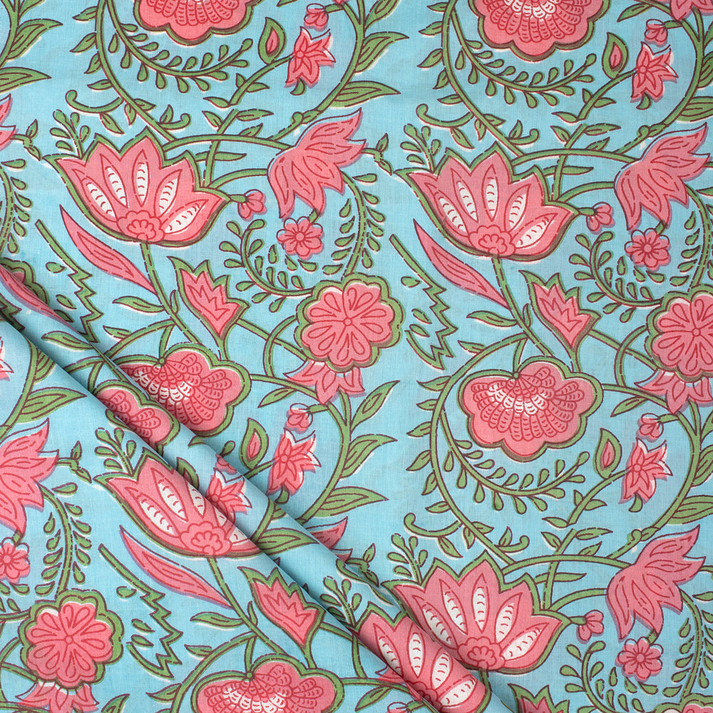 Pink Floral Hand Block Print Cotton Voile Fabric
