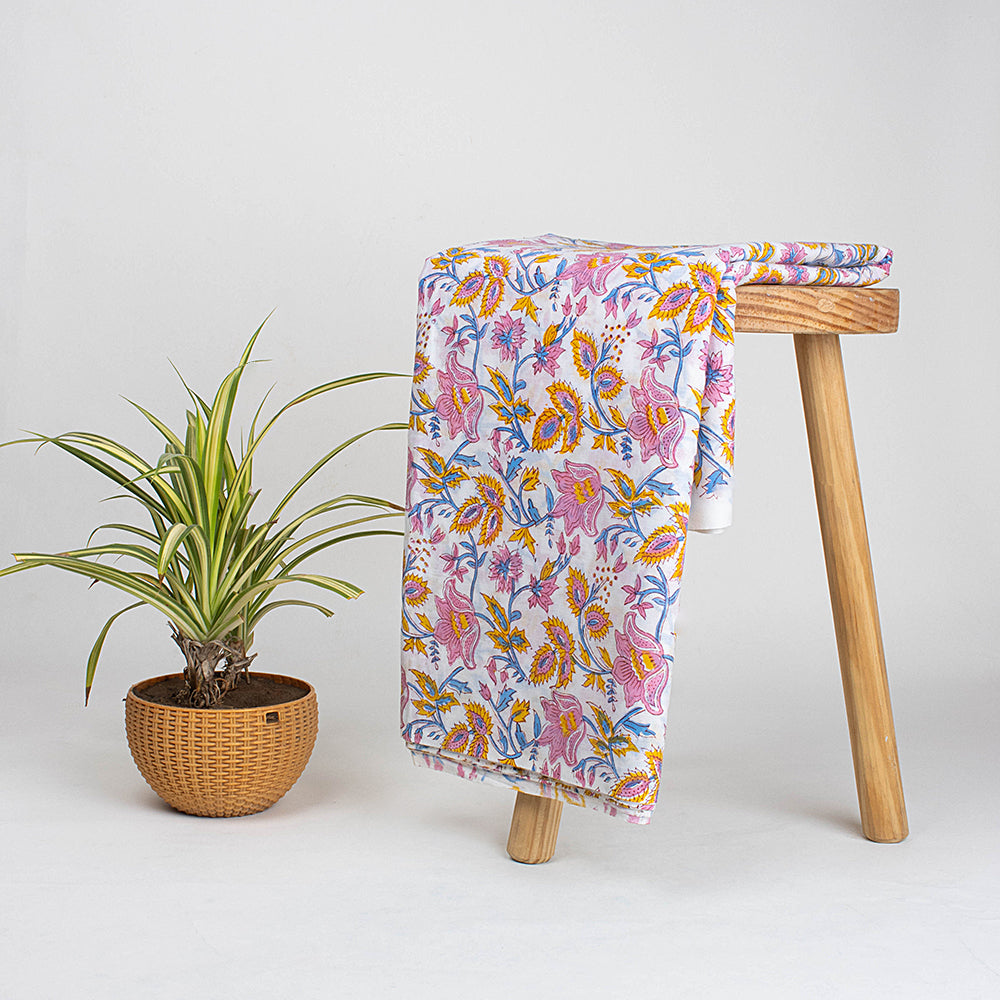 Pink Floral Hand Block Pure Cotton Fabric