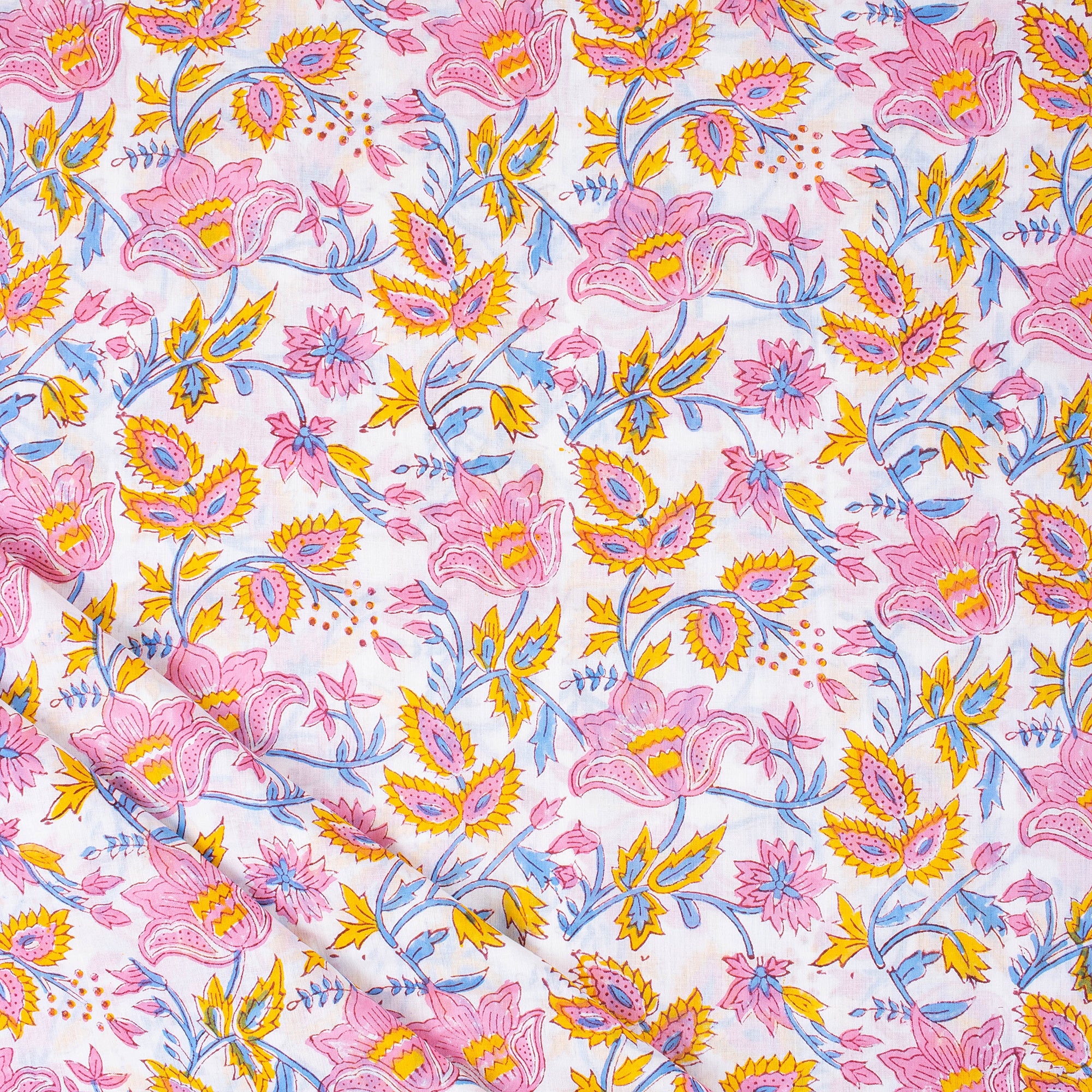 Pink Floral Hand Block Pure Cotton Fabric