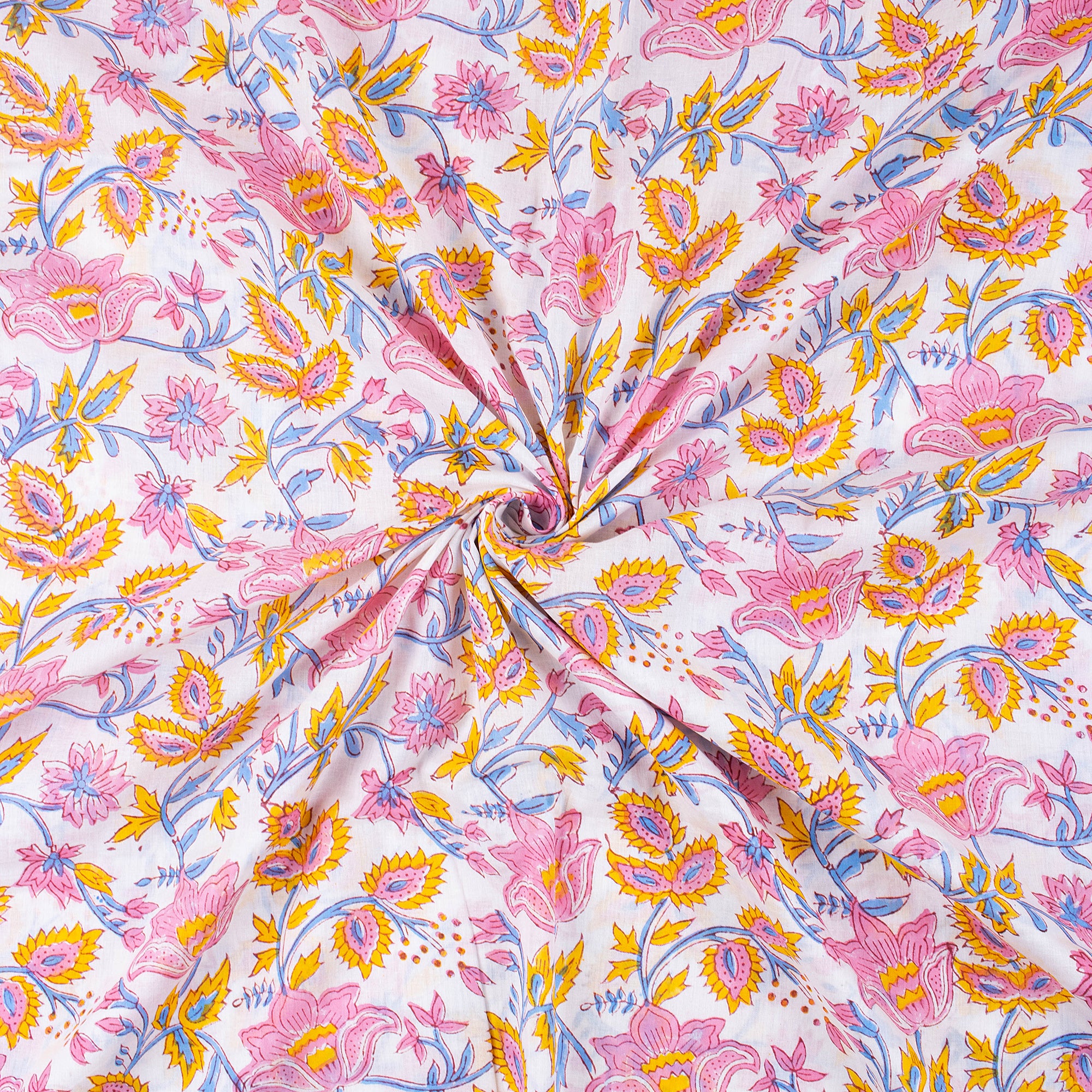Pink Floral Hand Block Pure Cotton Fabric