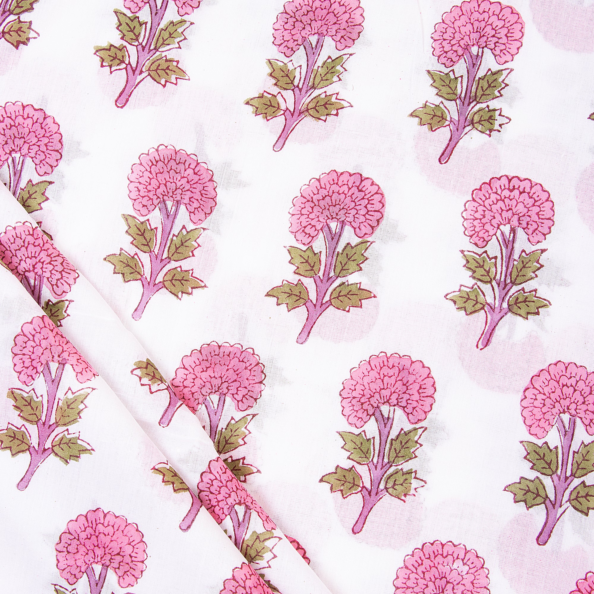 Pink Floral Indian Hand Block Printed Cotton Cloth Material