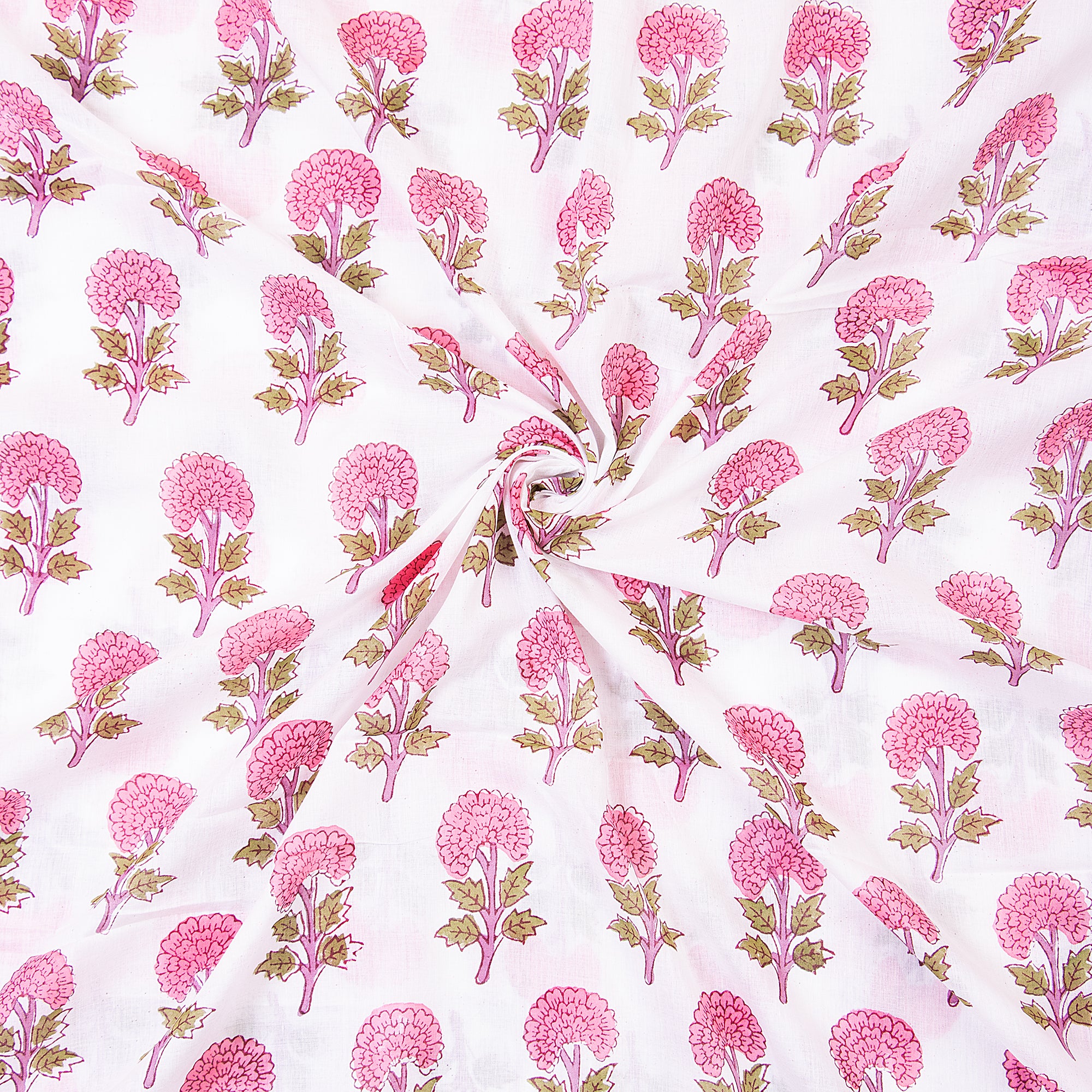 Pink Floral Indian Hand Block Printed Cotton Cloth Material