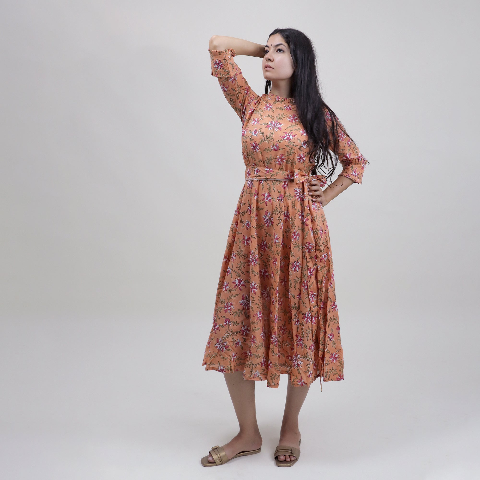 Pink Hand Block Floral Printed Cotton Midi Dress for Women