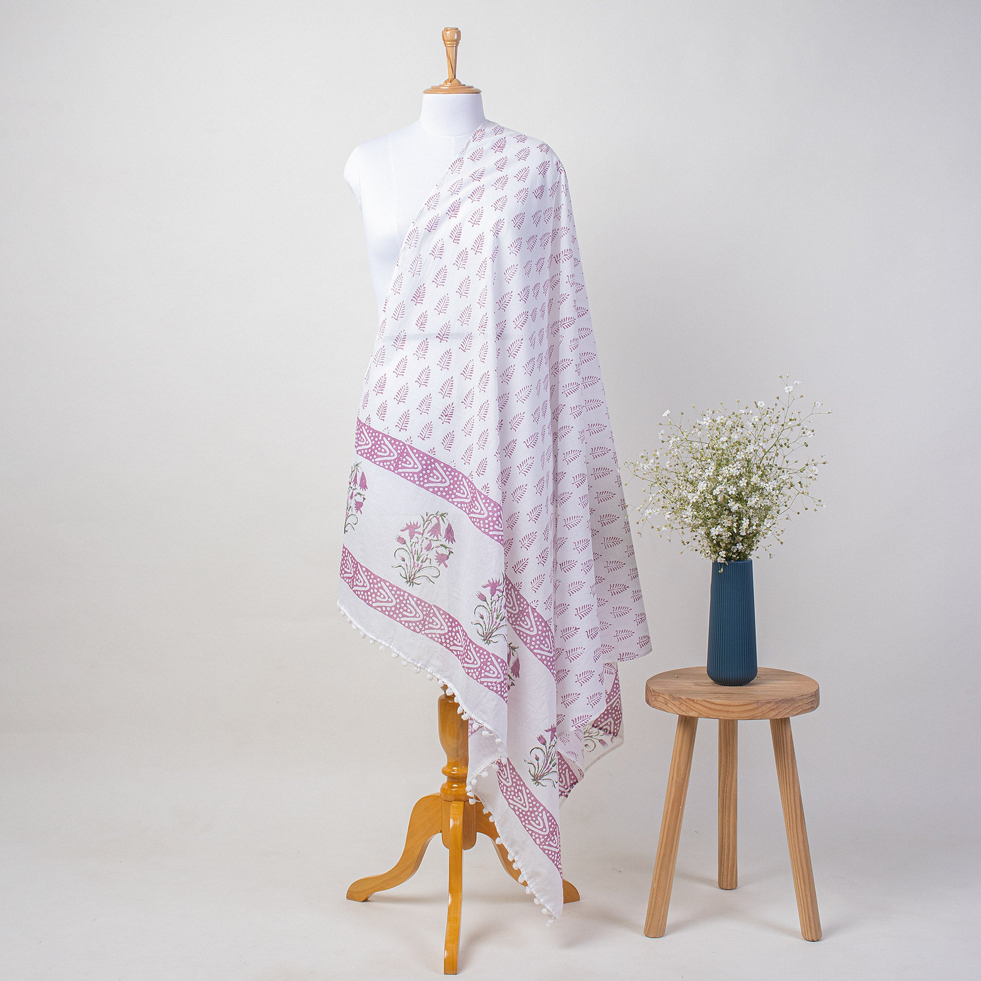 Pink Leaf Hand Block Print Beach Sarong Wrap For Women
