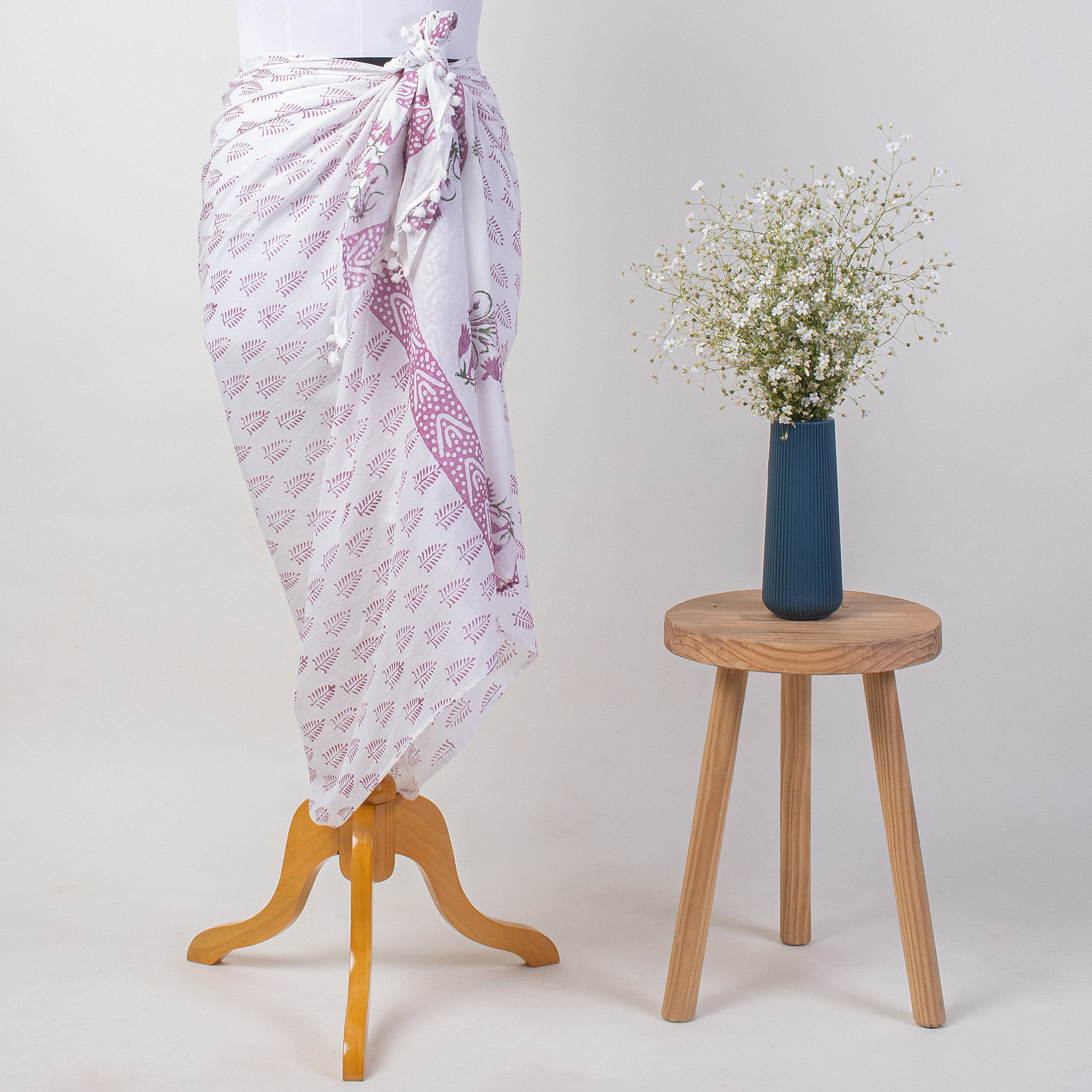 Pink Leaf Hand Block Print Beach Sarong Wrap For Women