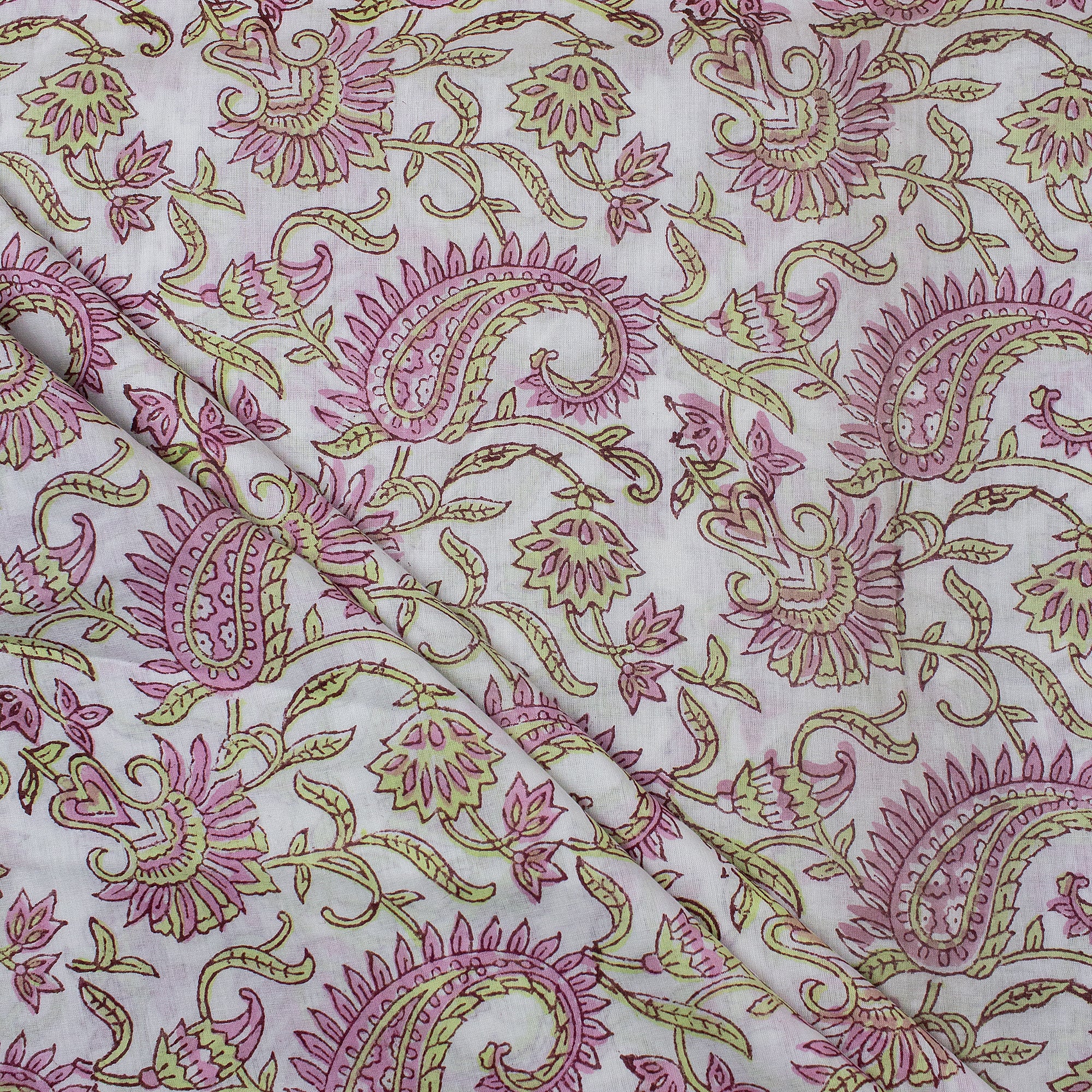 Pink Paisley Indian Hand Block Printed Cotton Fabric