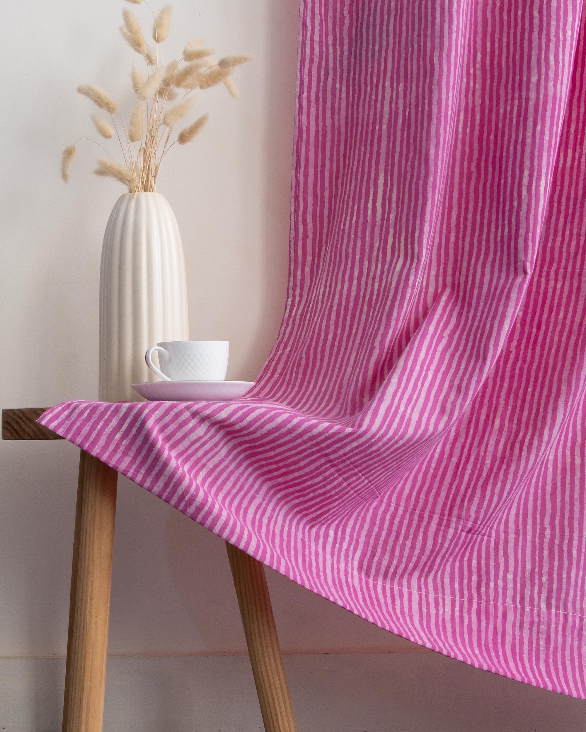 Pink Stripe Block Printed Cotton Curtains for Door