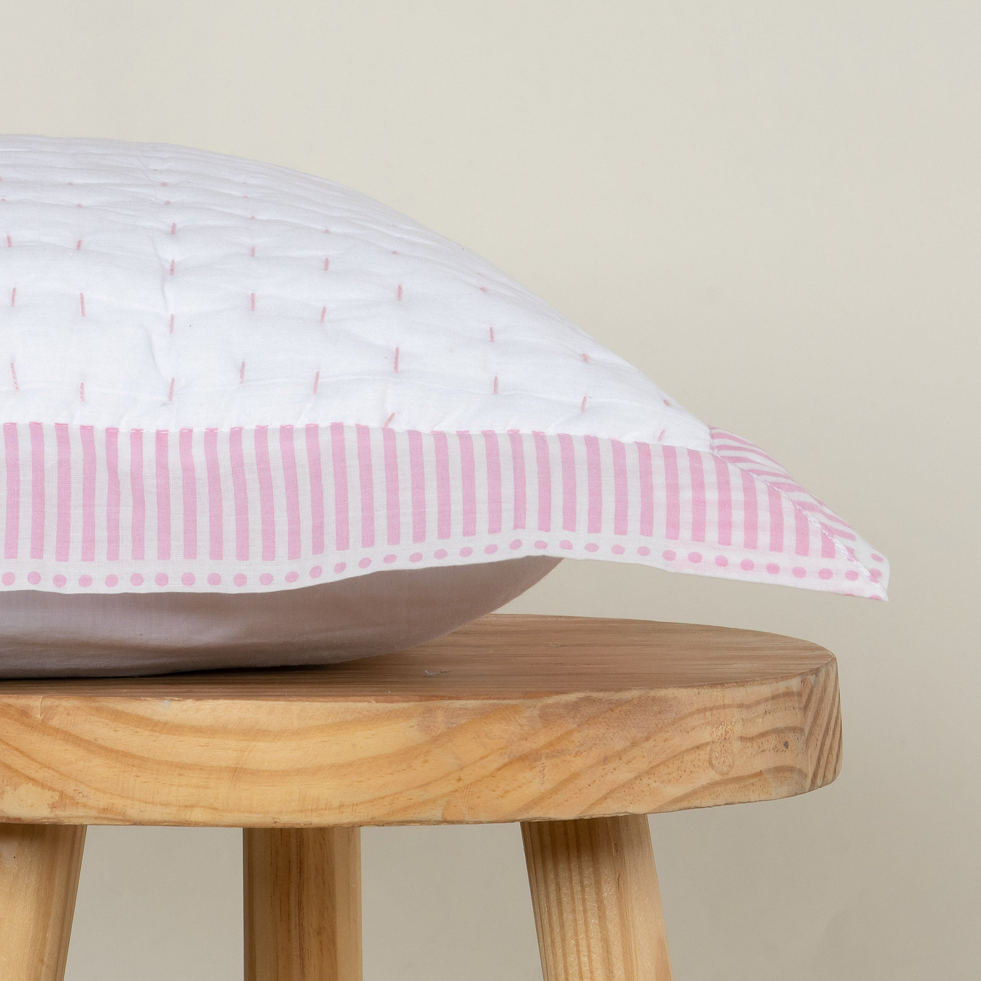 Pink Striped Vintage Kantha Cotton Cushion Cover