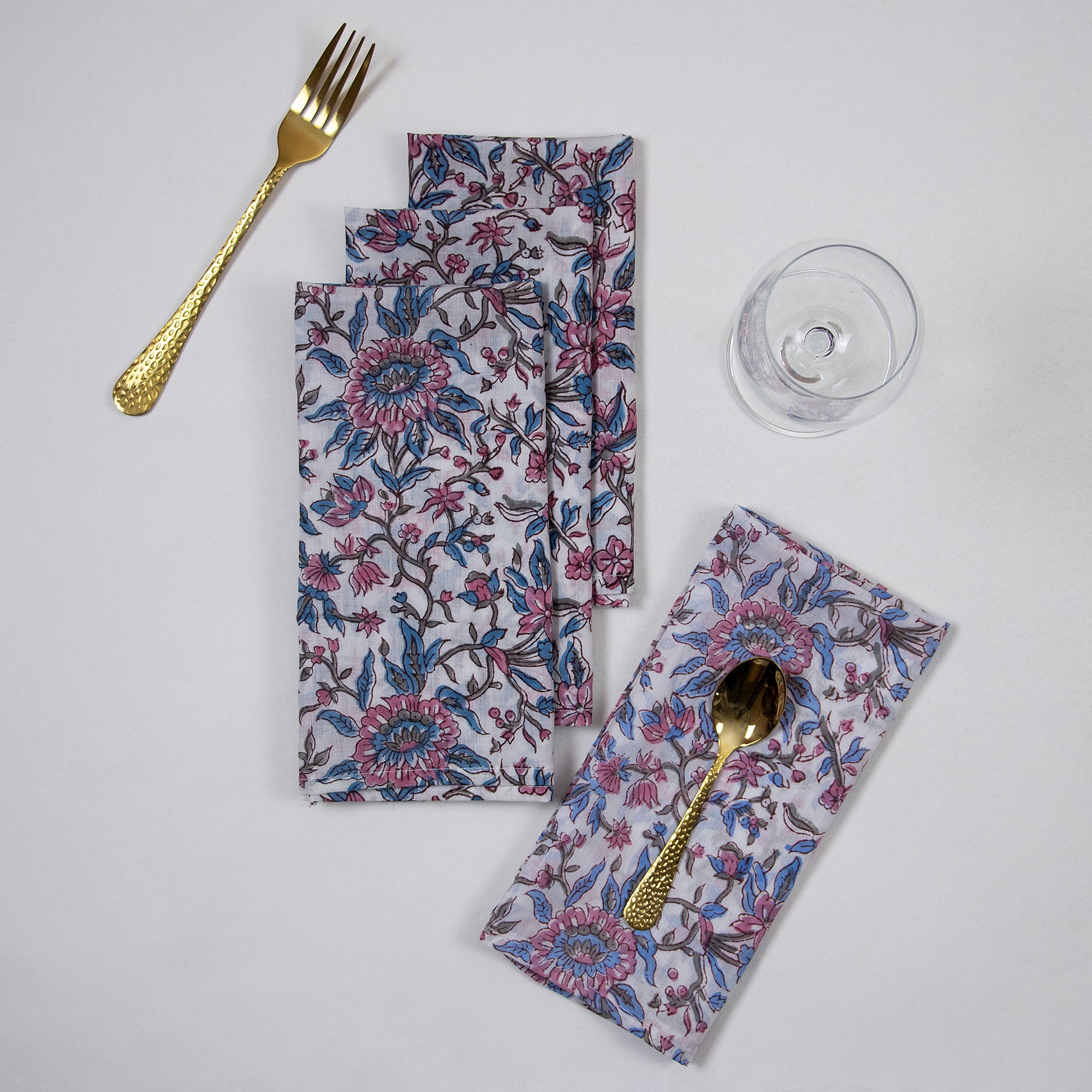 Premium Pink Floral Hand Printed Cotton Napkins Cloth