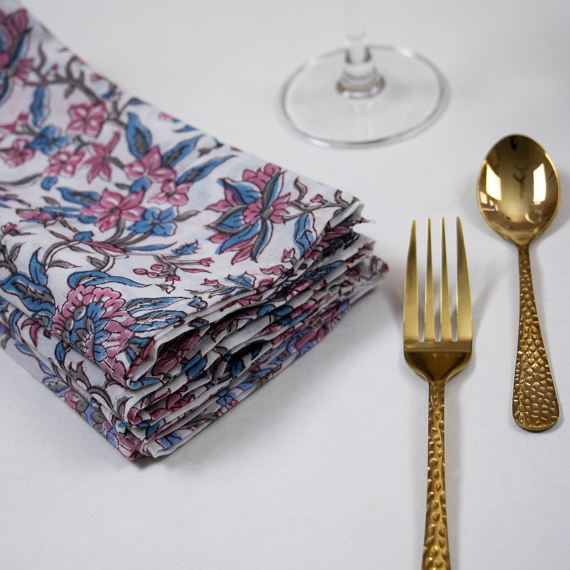 Premium Pink Floral Hand Printed Cotton Napkins Cloth