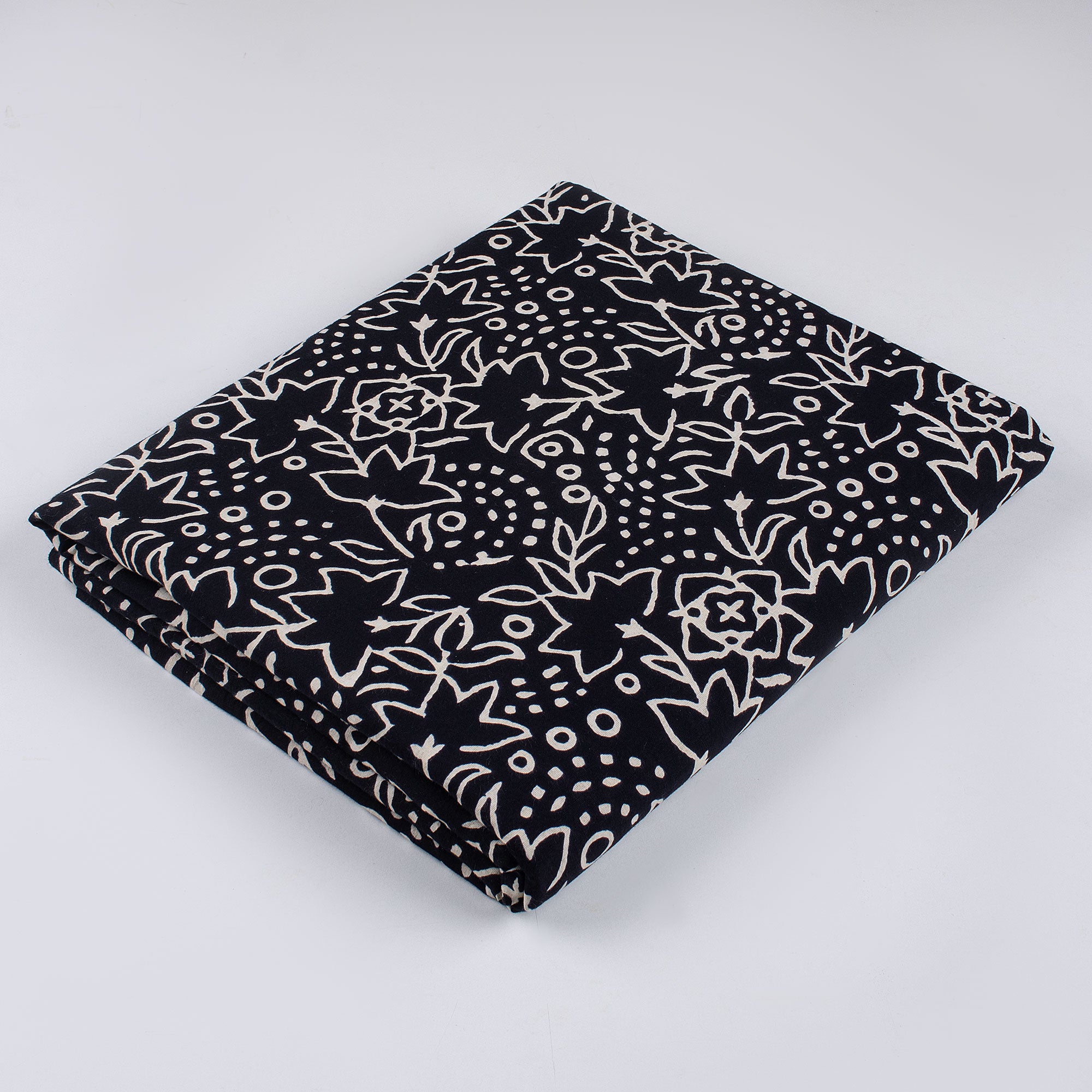 Premium Quality Block Printed Floral Black and White Fabric