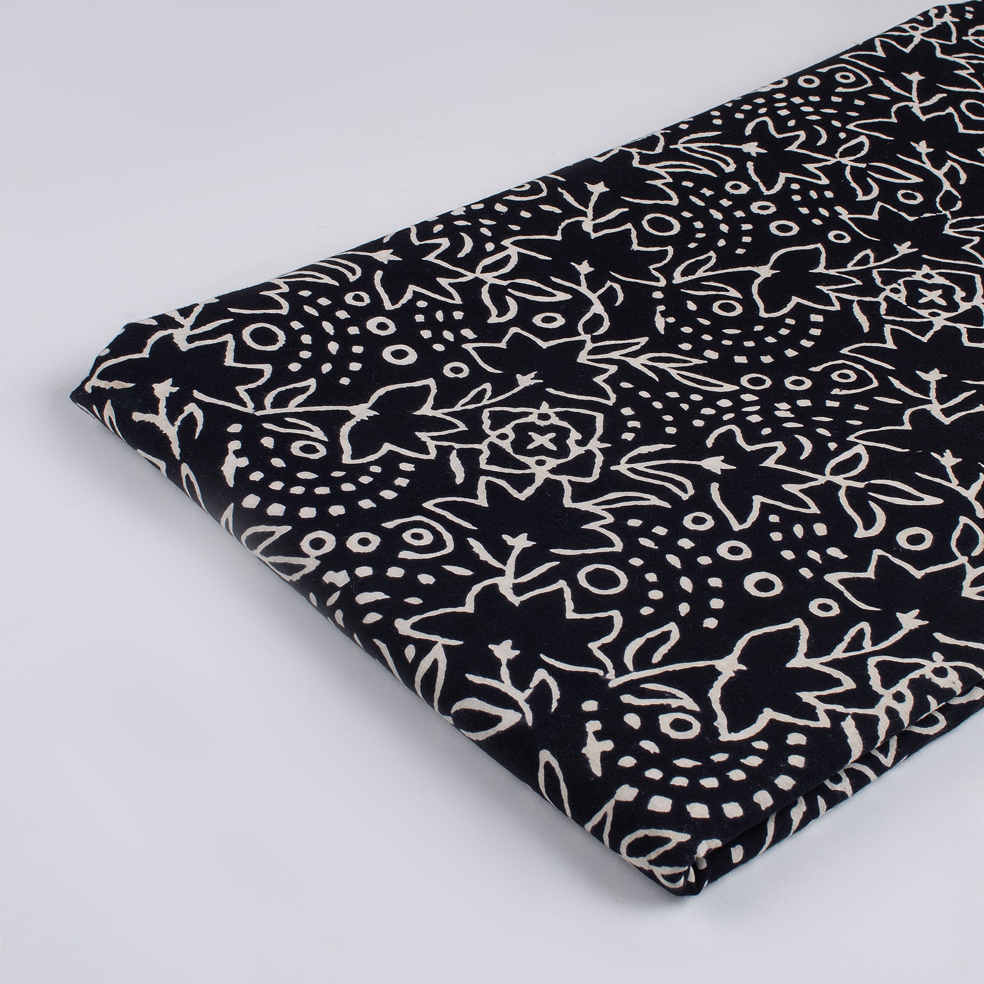 Premium Quality Block Printed Floral Black and White Fabric