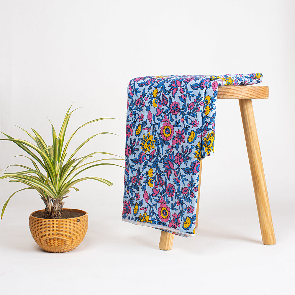 Premium Quality Blue Floral Hand Block Printed Cotton Fabric